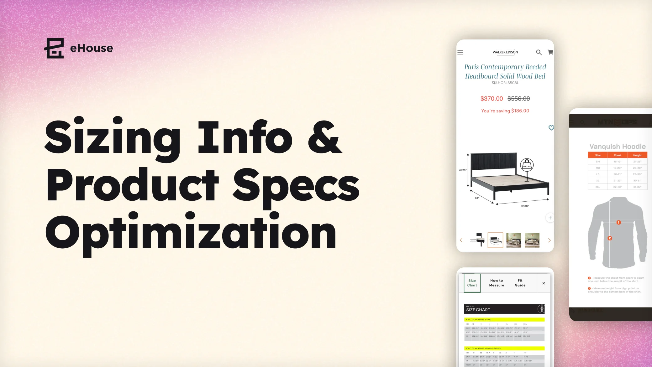 Headline "Sizing Info & Product Specs Optimization" beside mobile screens showing product dimensions and size charts.