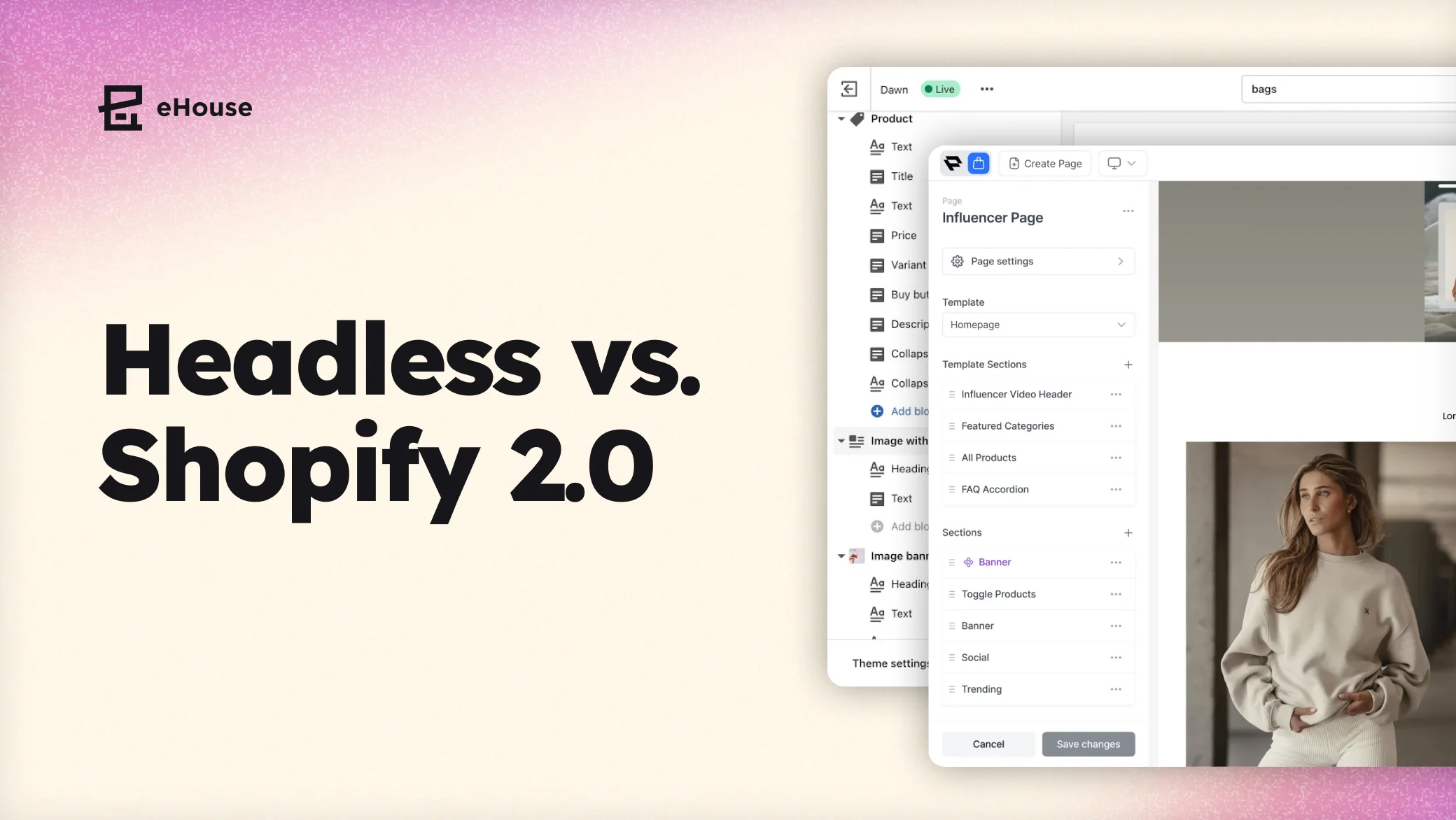 Title card reading "Headless vs. Shopify 2.0" beside a Shopify theme editor showing page template sections.