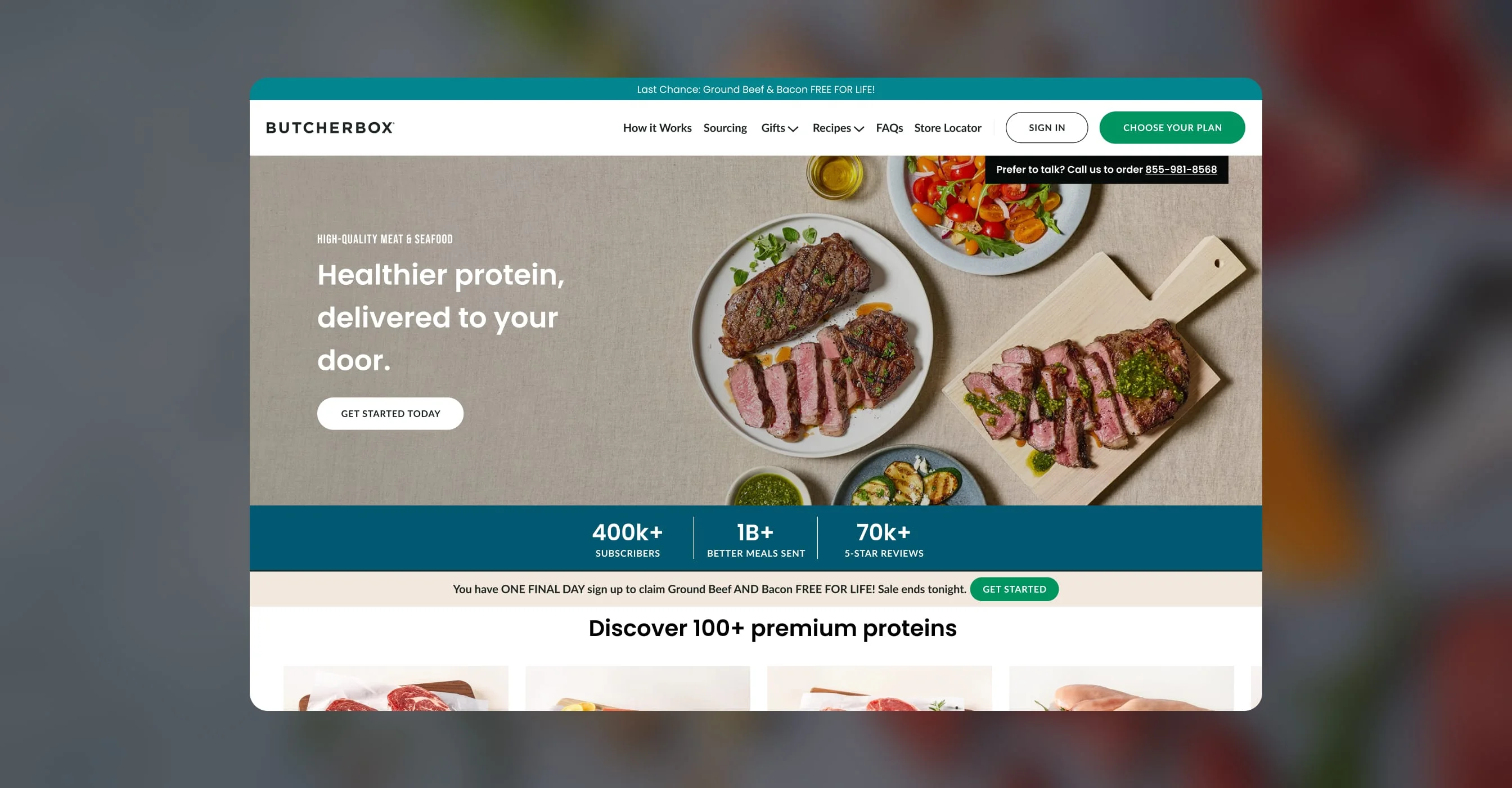 ButcherBox homepage on desktop with a healthier protein delivery hero banner and a subscriber stat bar.