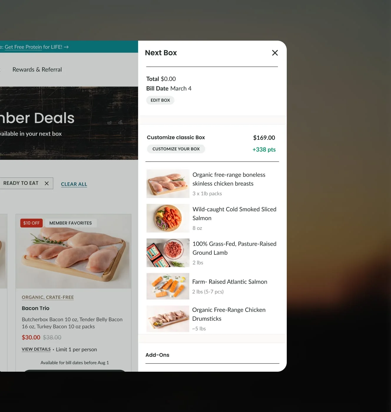 ButcherBox account portal Next Box drawer listing chicken, salmon, and ground lamb selections over the member deals page.