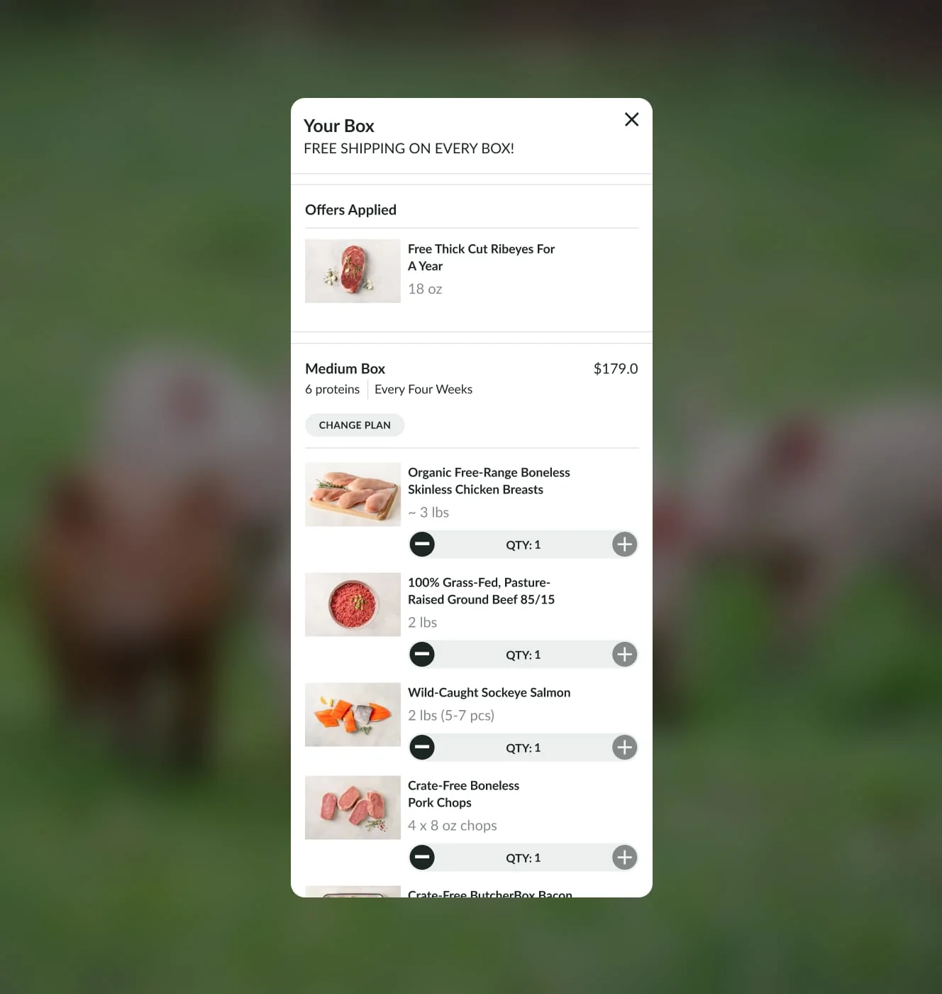 ButcherBox mobile Your Box panel showing applied offers, Medium Box plan details, and editable protein quantities.