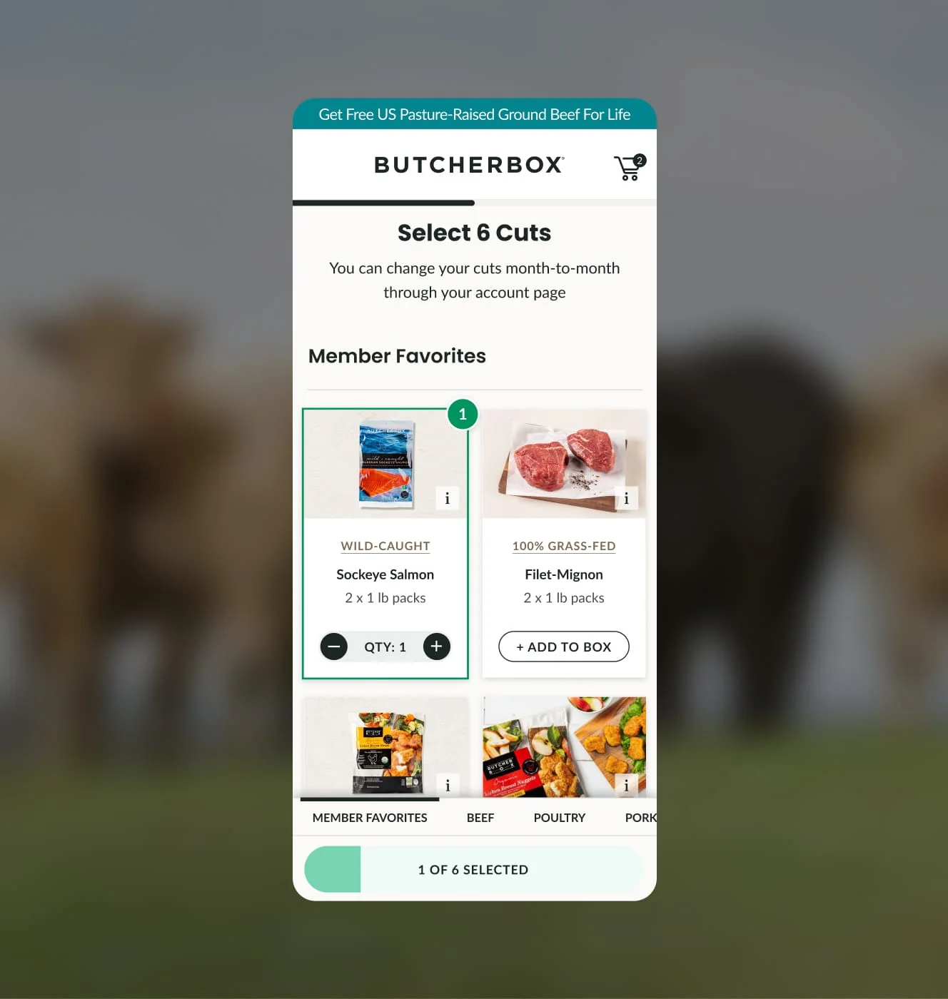 ButcherBox mobile subscription builder on the Select 6 Cuts step with member favorite proteins.