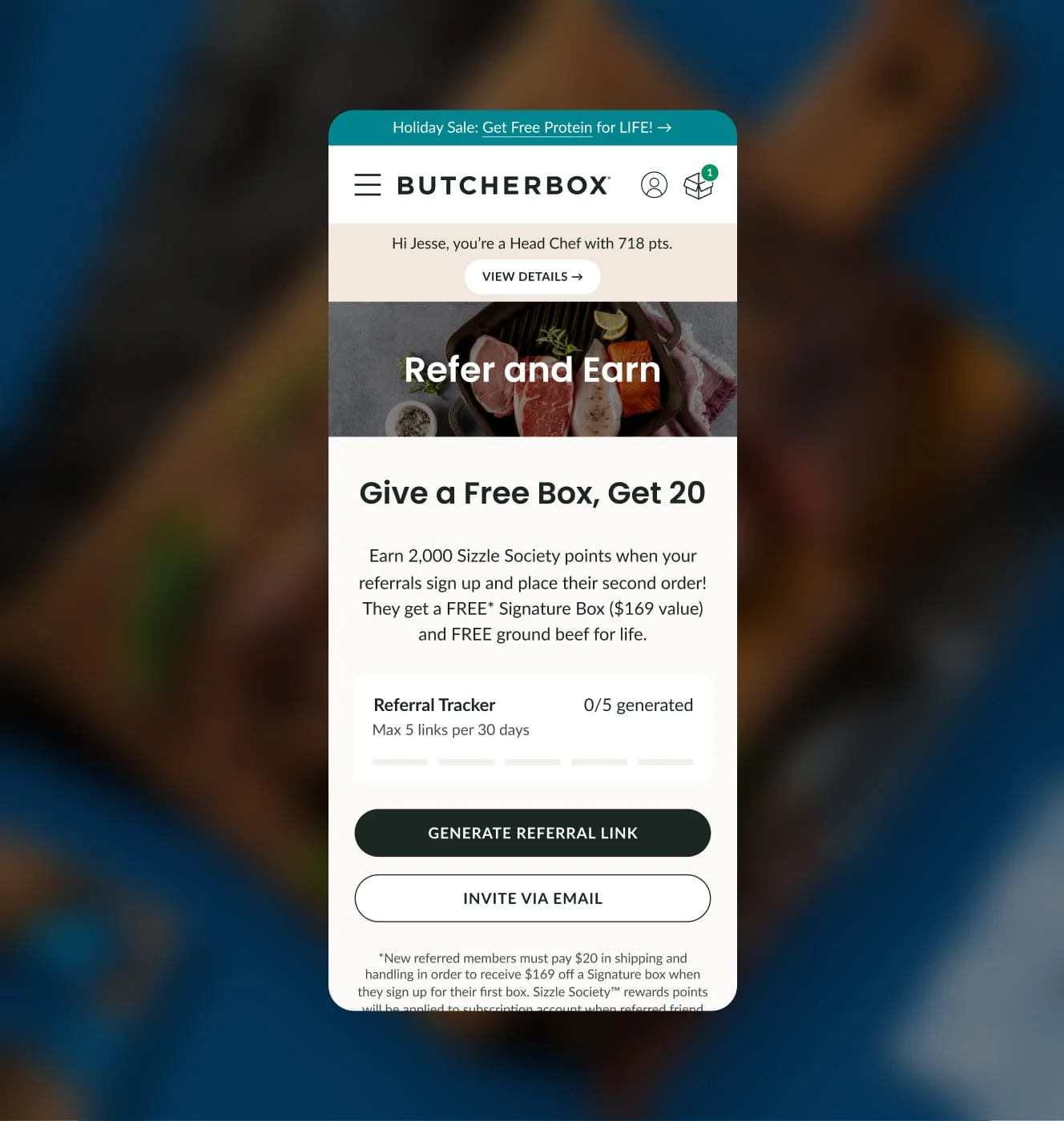 ButcherBox mobile Refer and Earn page with a Sizzle Society referral tracker and loyalty points balance.