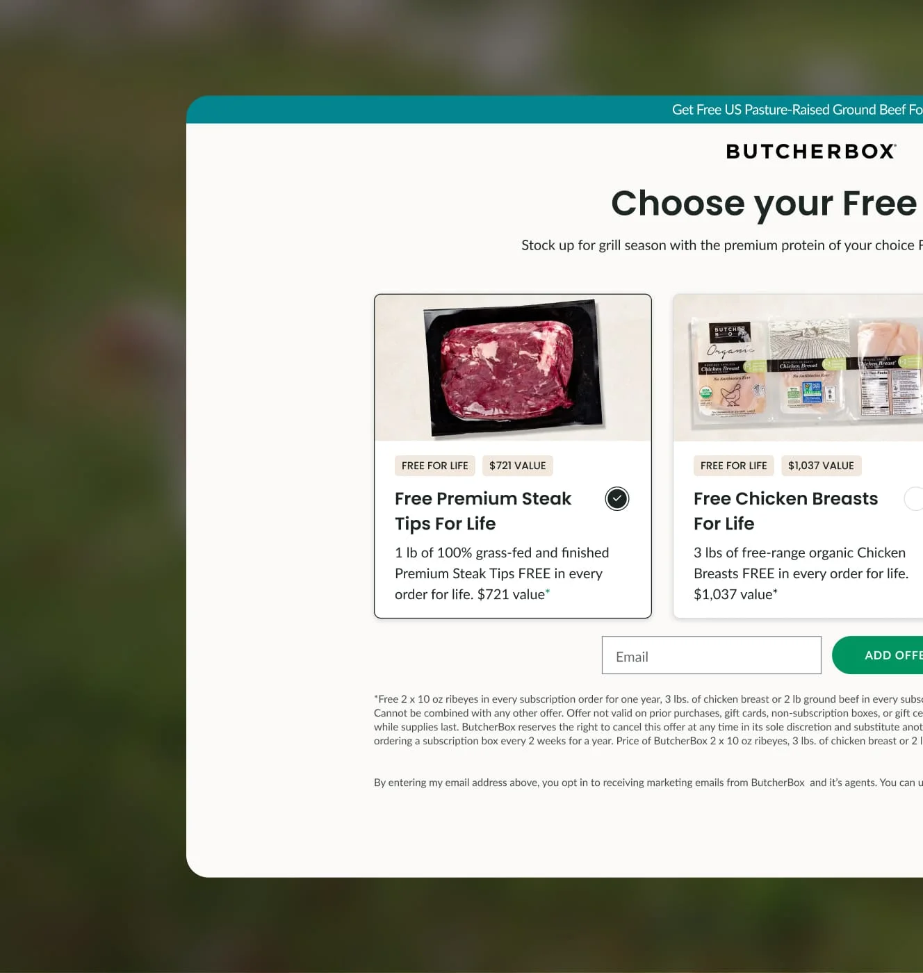 ButcherBox free protein offer page with free premium steak tips and free chicken breasts for life options.
