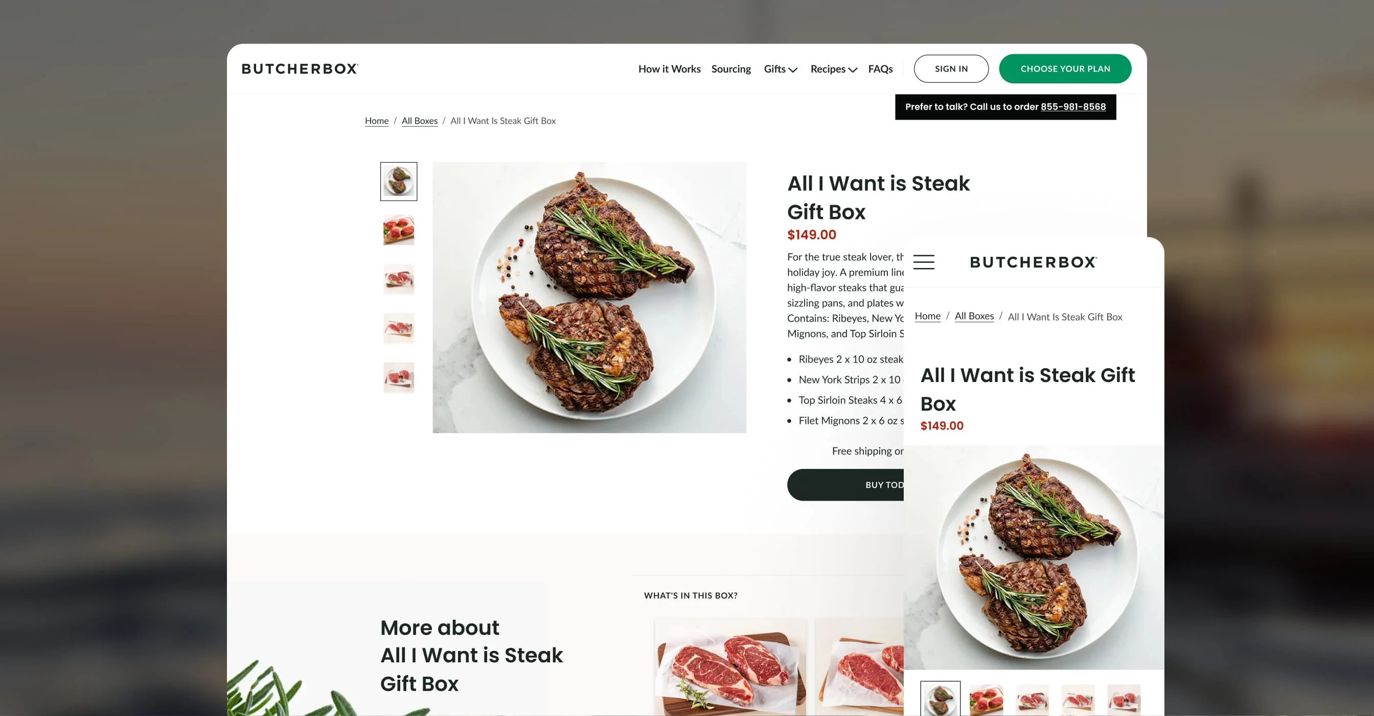 ButcherBox All I Want is Steak Gift Box product detail page on desktop and mobile.