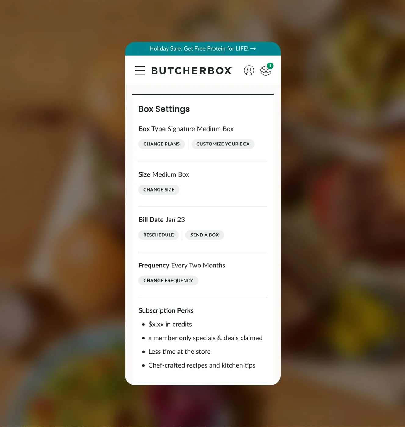 ButcherBox mobile Box Settings screen showing box type, size, bill date, frequency, and subscription perks.