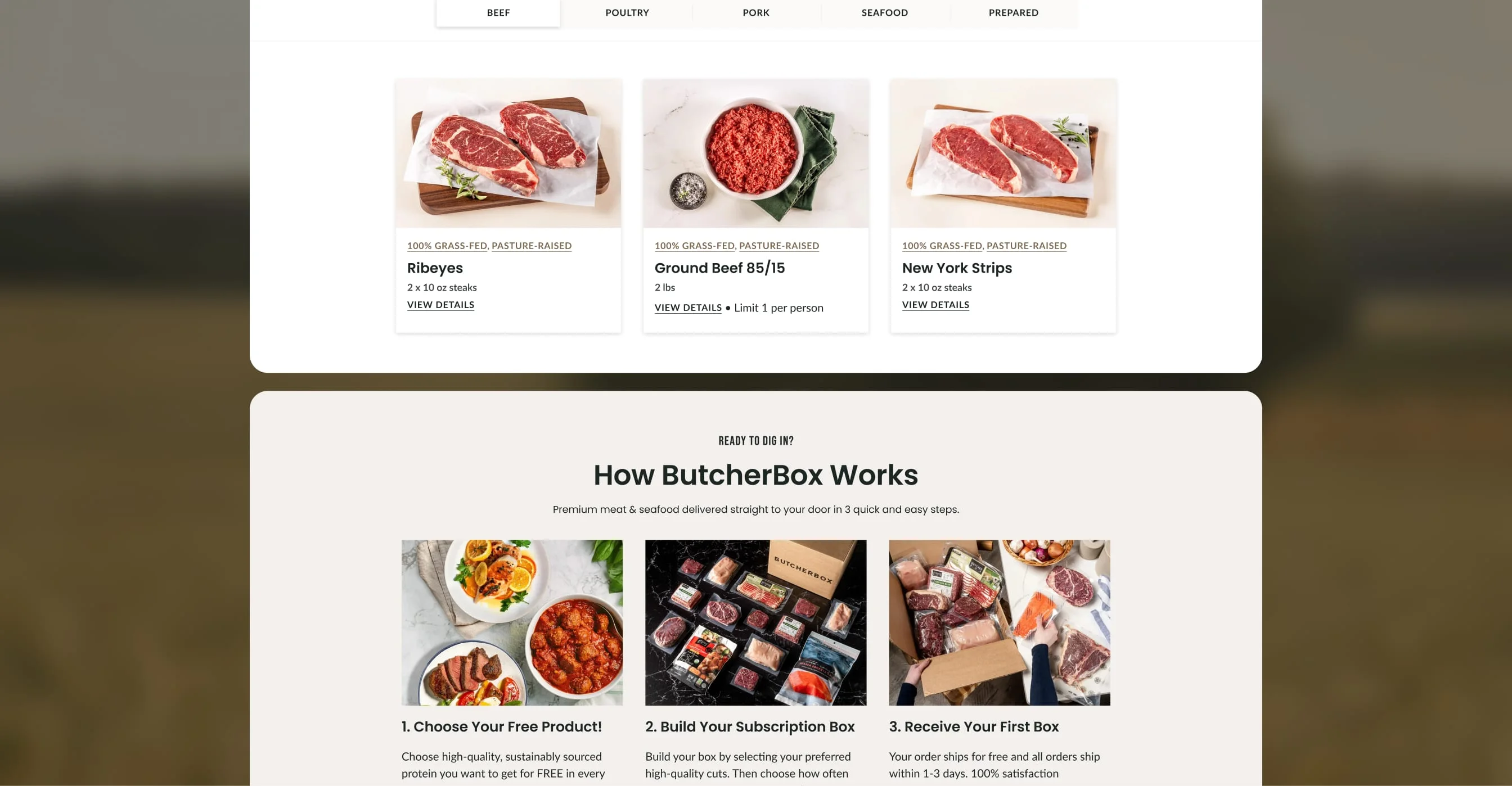 ButcherBox beef collection product cards above the three-step How ButcherBox Works section.