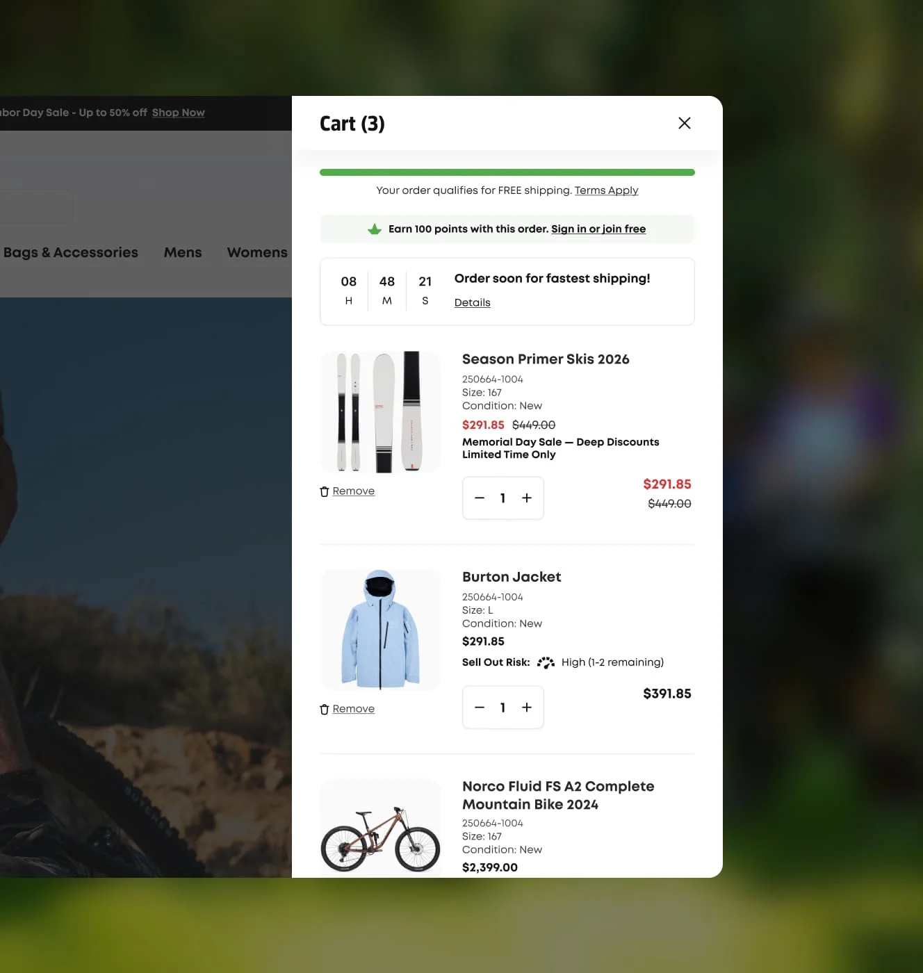 evo cart drawer with skis, a jacket, and a mountain bike, showing free shipping progress and rewards points.
