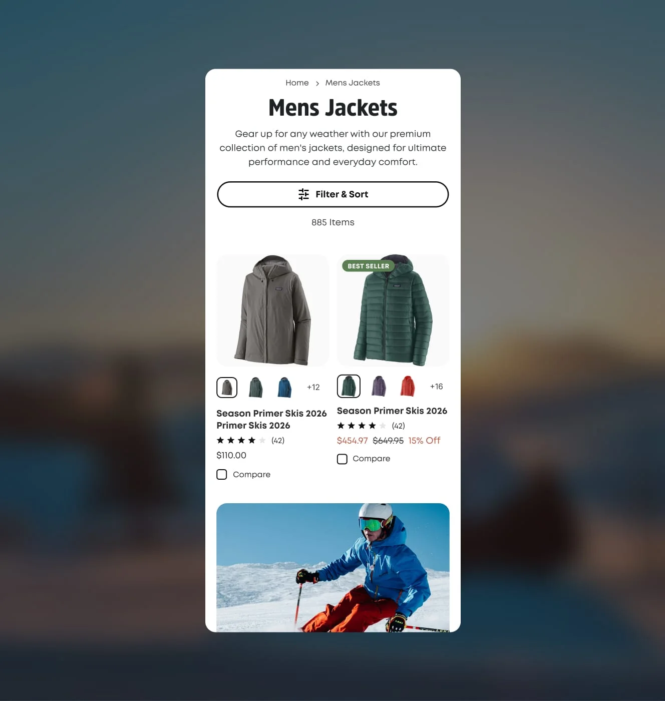 evo mobile mens jackets collection page with filter and sort controls and product comparison checkboxes.