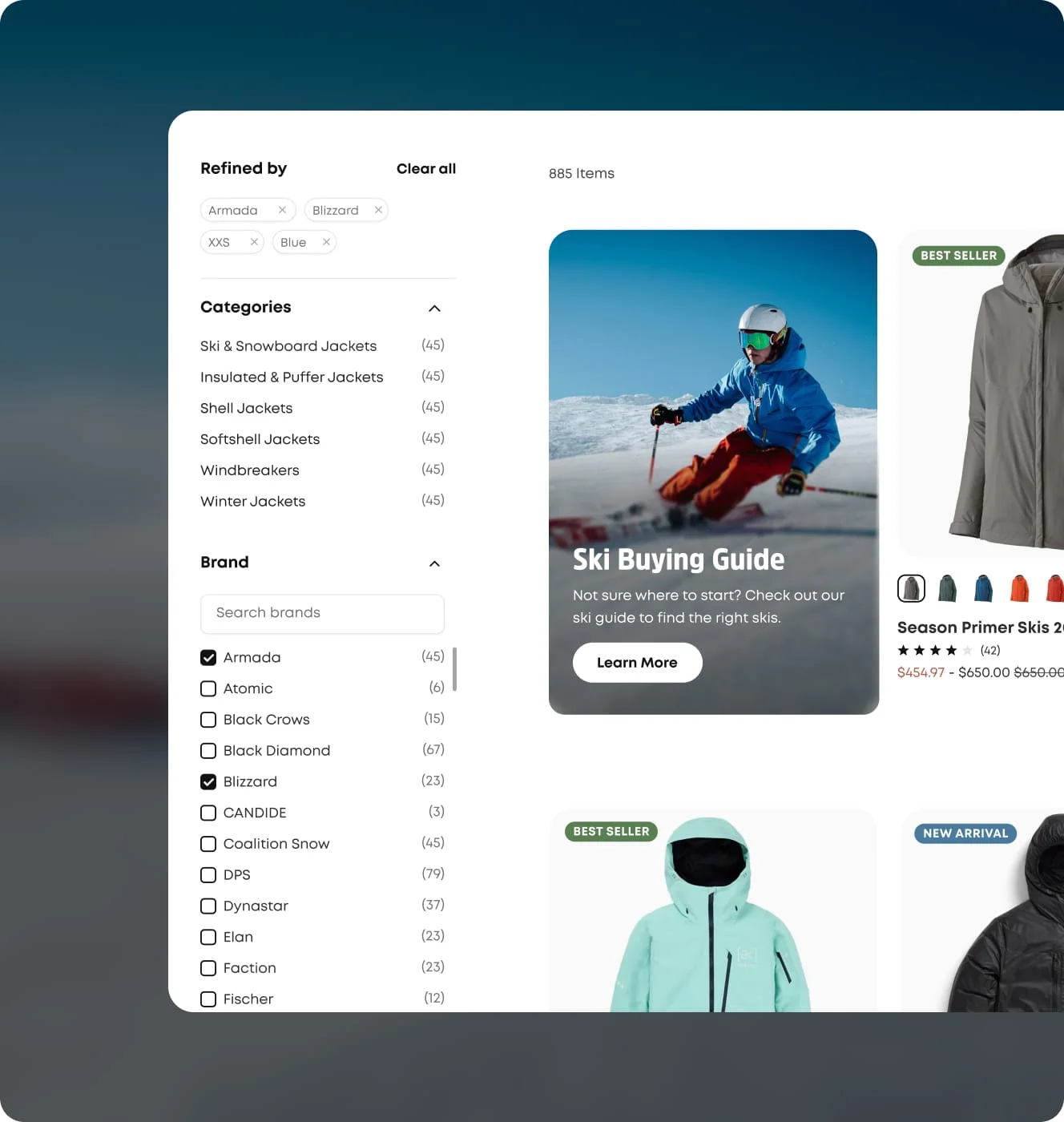 evo jackets collection page with brand and category filters applied alongside a Ski Buying Guide tile.