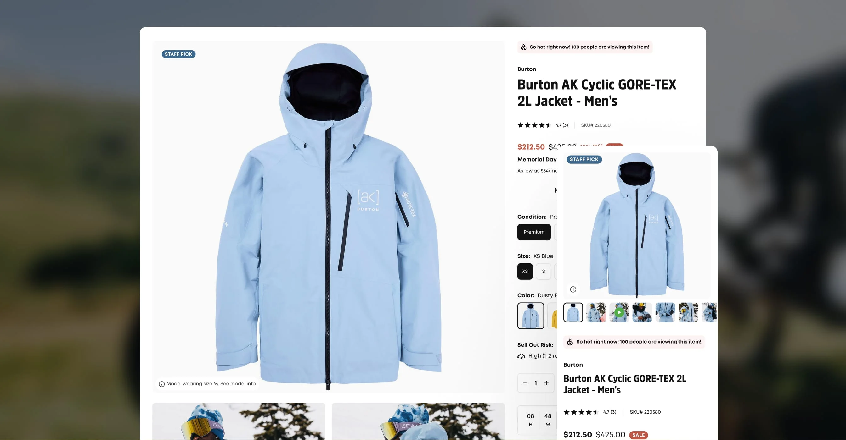 evo product detail page for a Burton AK Cyclic GORE-TEX jacket shown on desktop and mobile.