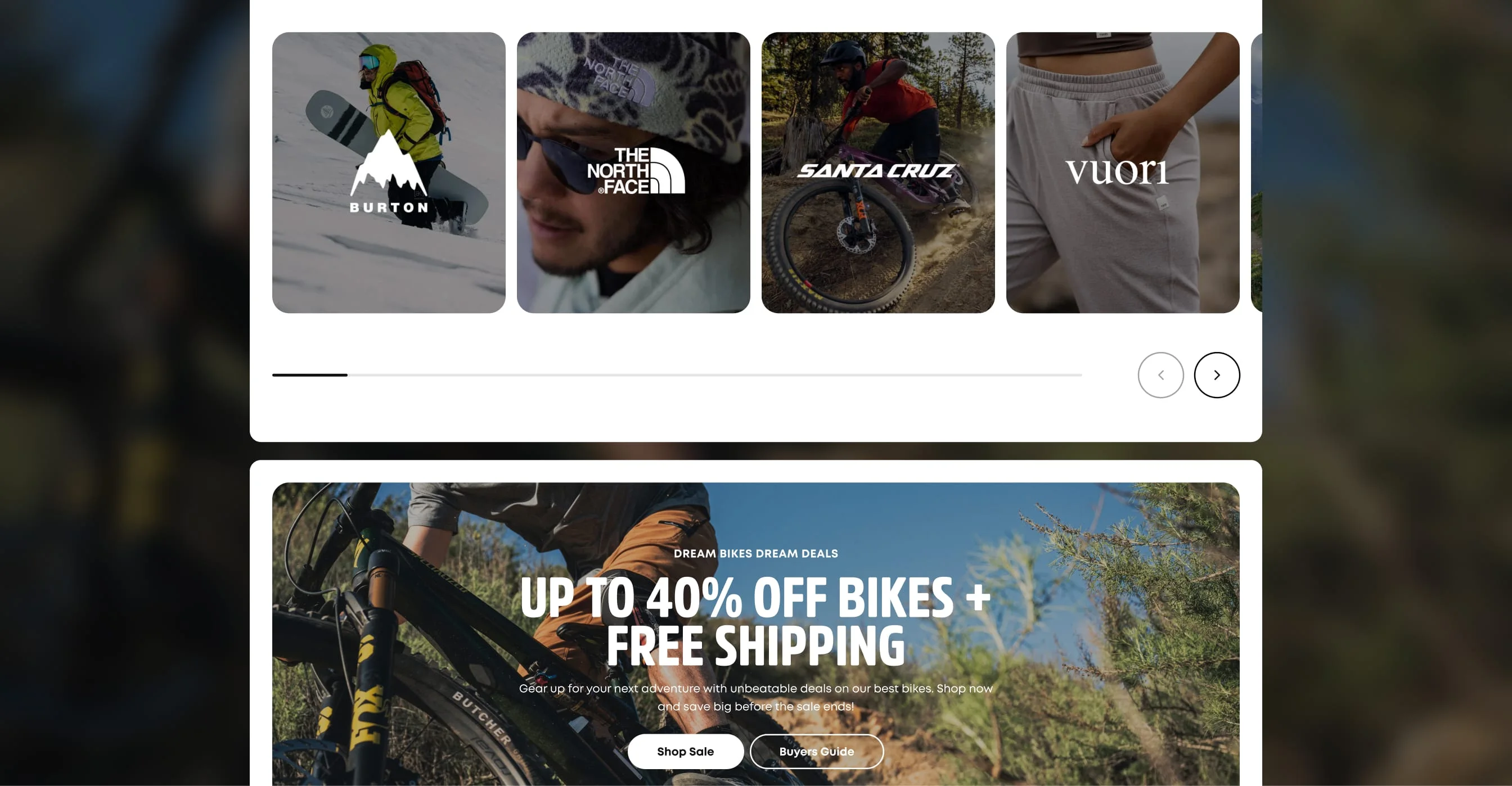 evo desktop brand carousel featuring Burton, The North Face, Santa Cruz, and Vuori above a bike sale banner.