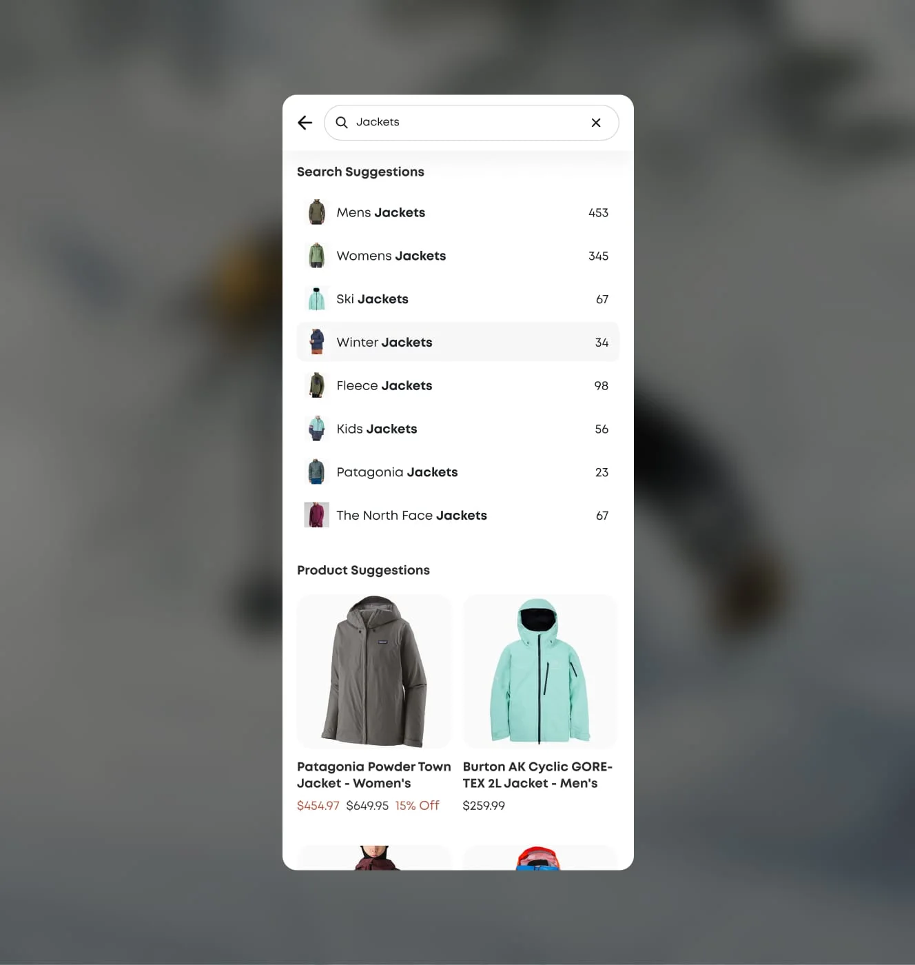 evo mobile search overlay with jacket search suggestions and recommended product cards.