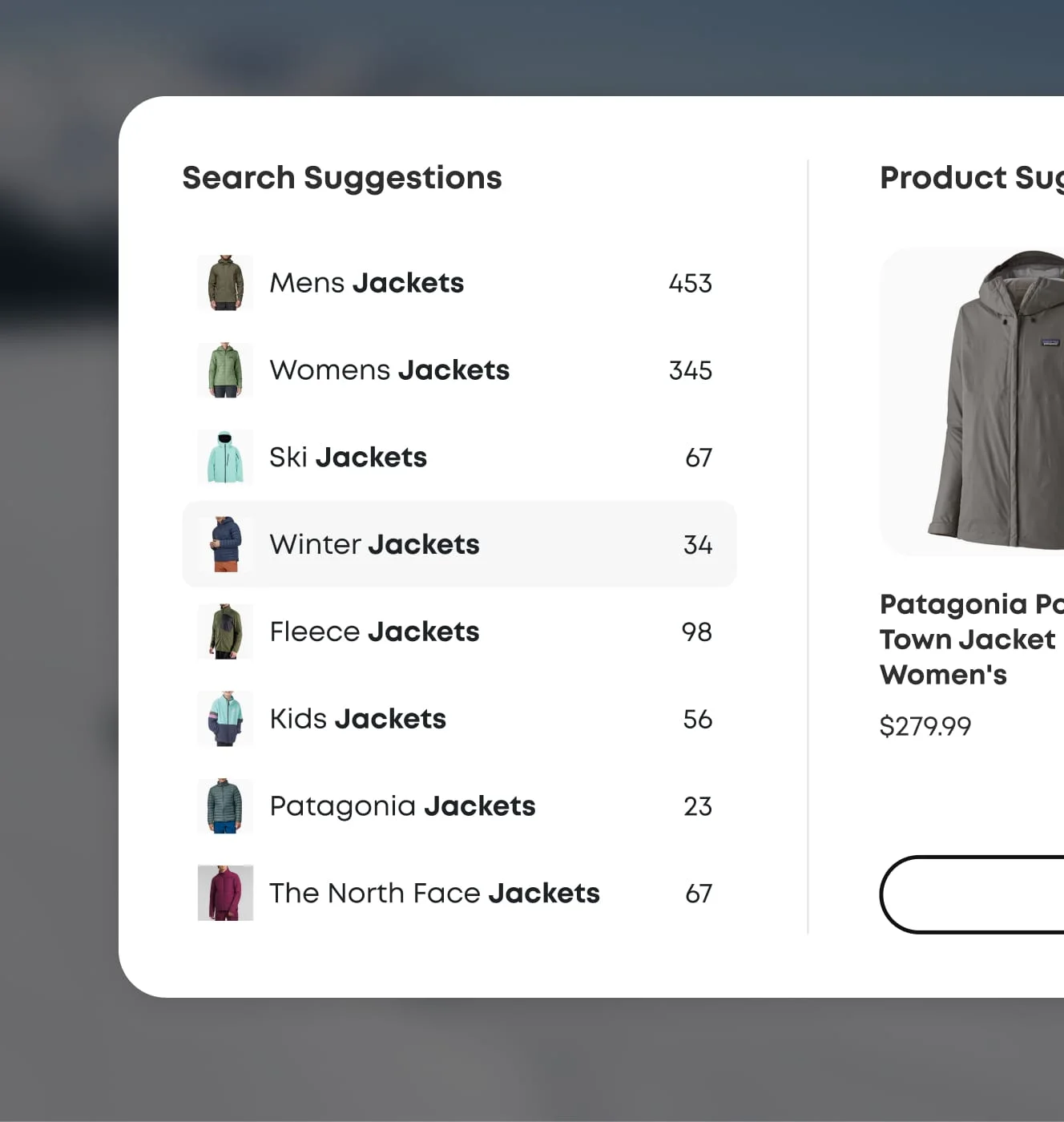 evo predictive search panel showing jacket search suggestions with result counts and product suggestions.