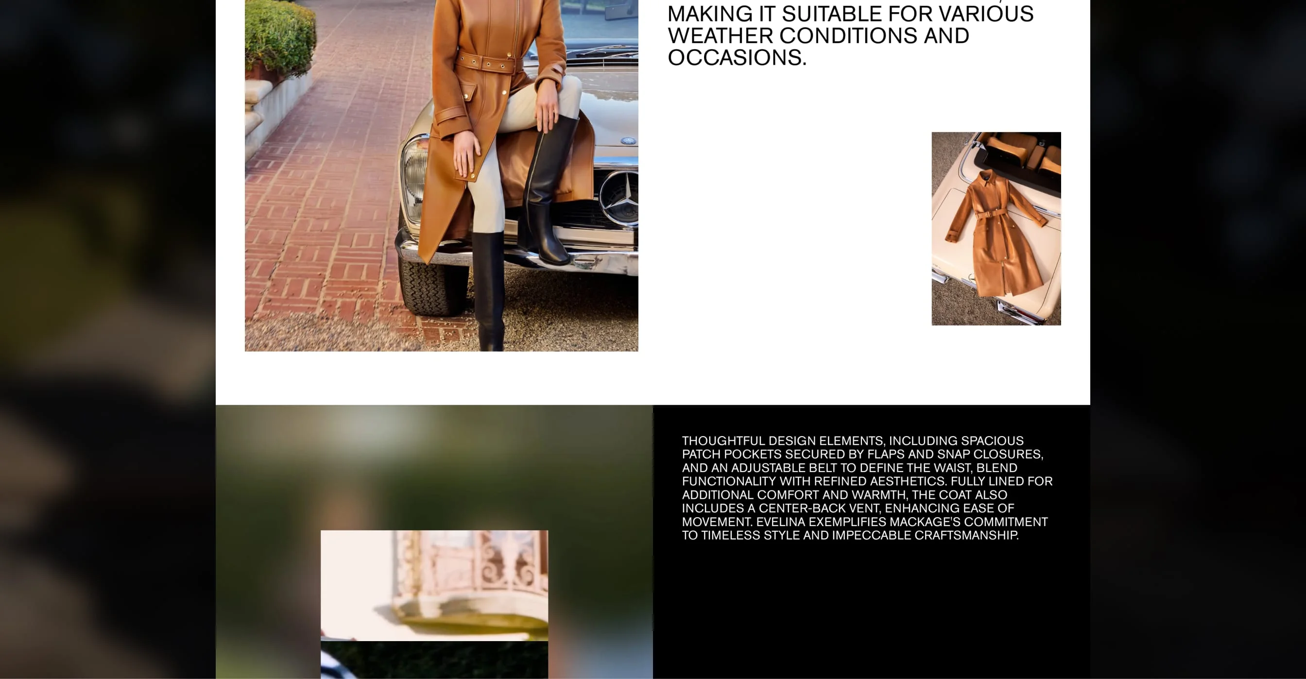 Mackage editorial product story with campaign photography and detailed craftsmanship copy on a black panel.
