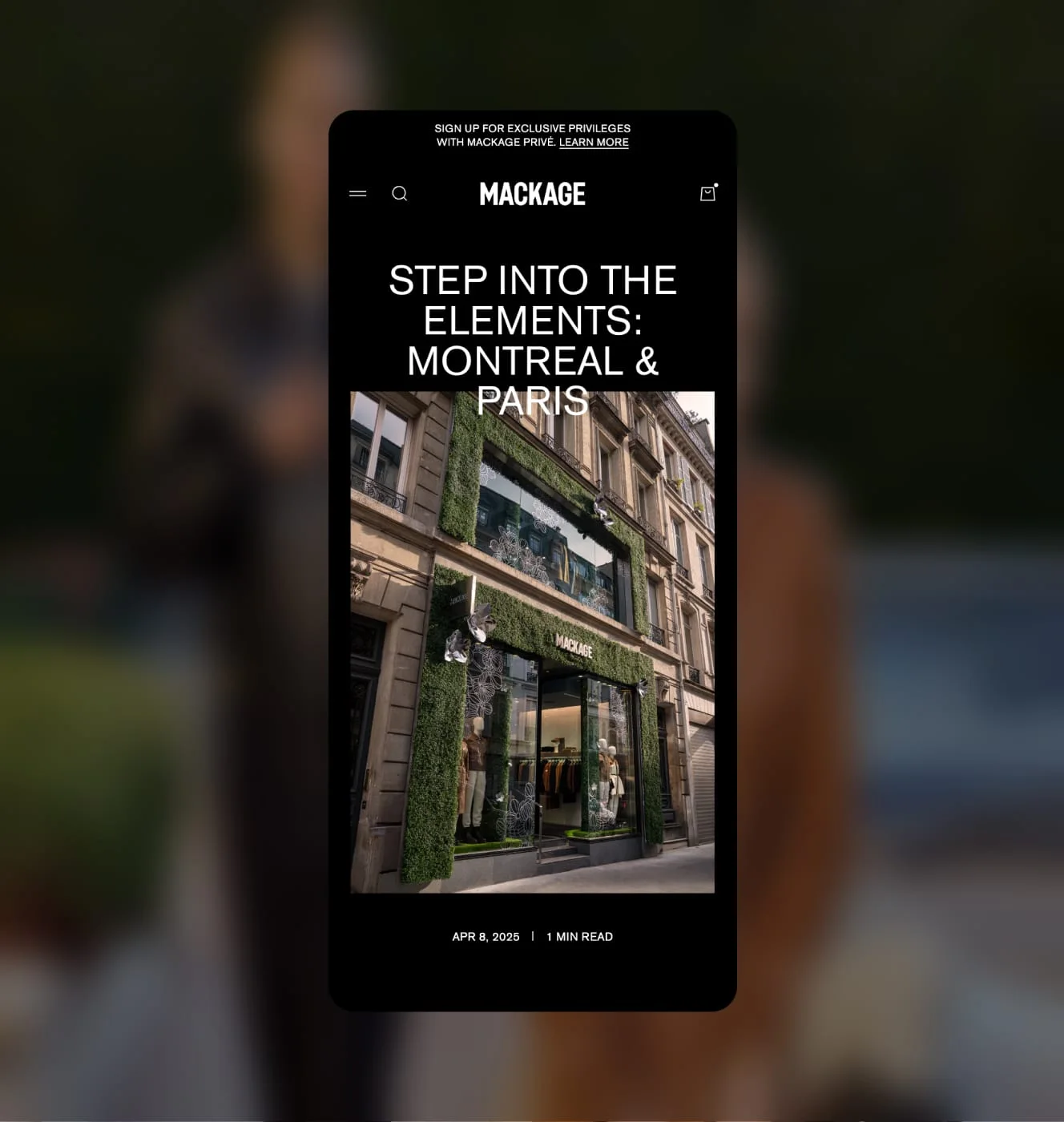 Mackage mobile editorial article about Montreal and Paris stores with a hedge-covered boutique storefront.