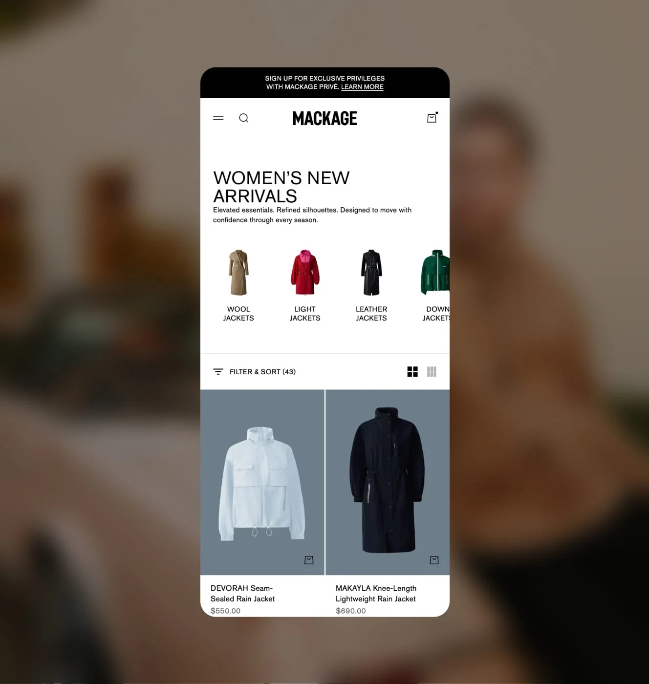 Mackage mobile Women's New Arrivals page with jacket category tiles and filter and sort controls.