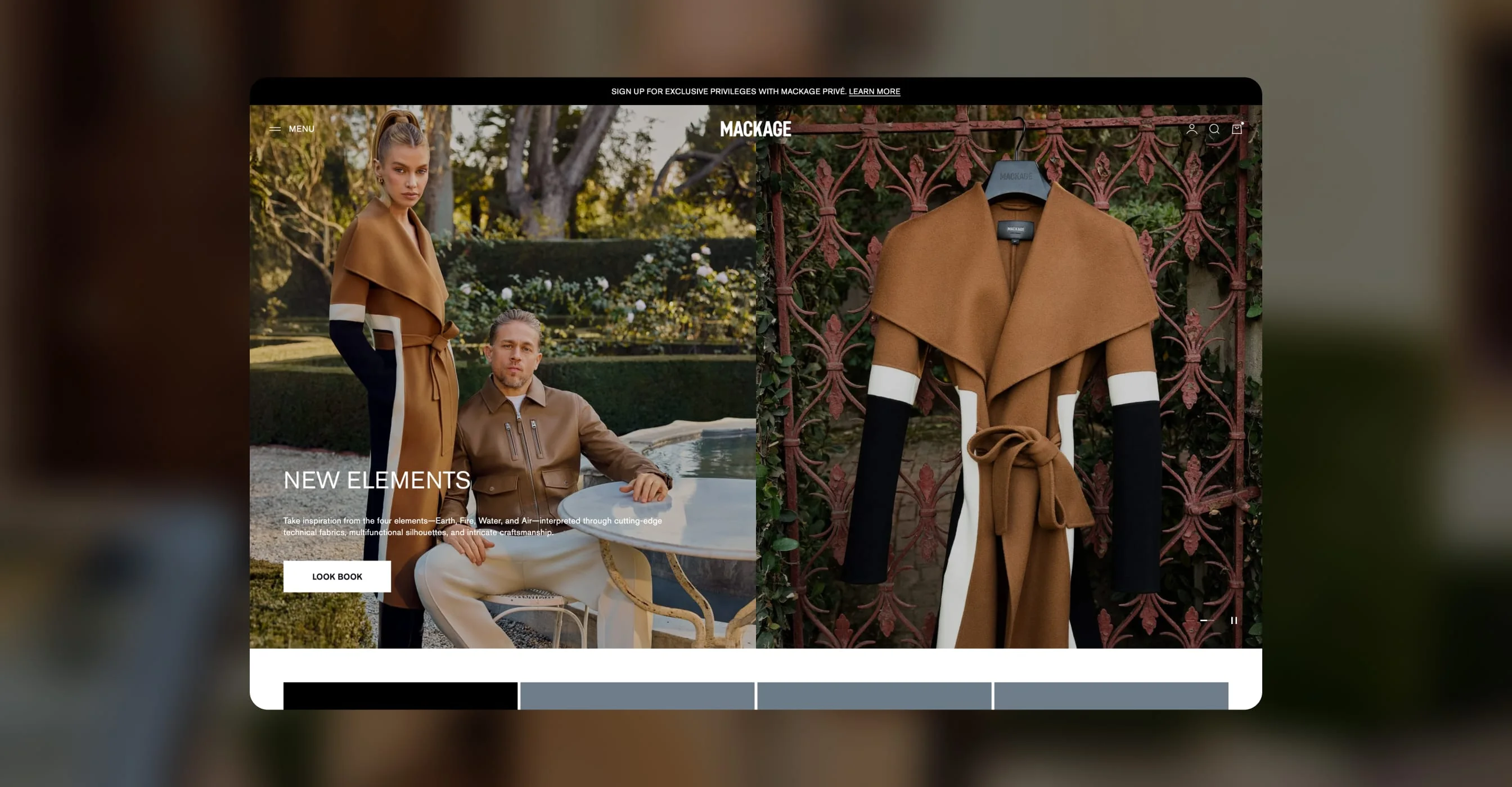 Mackage homepage on desktop with a New Elements campaign hero and a camel wrap coat on display.