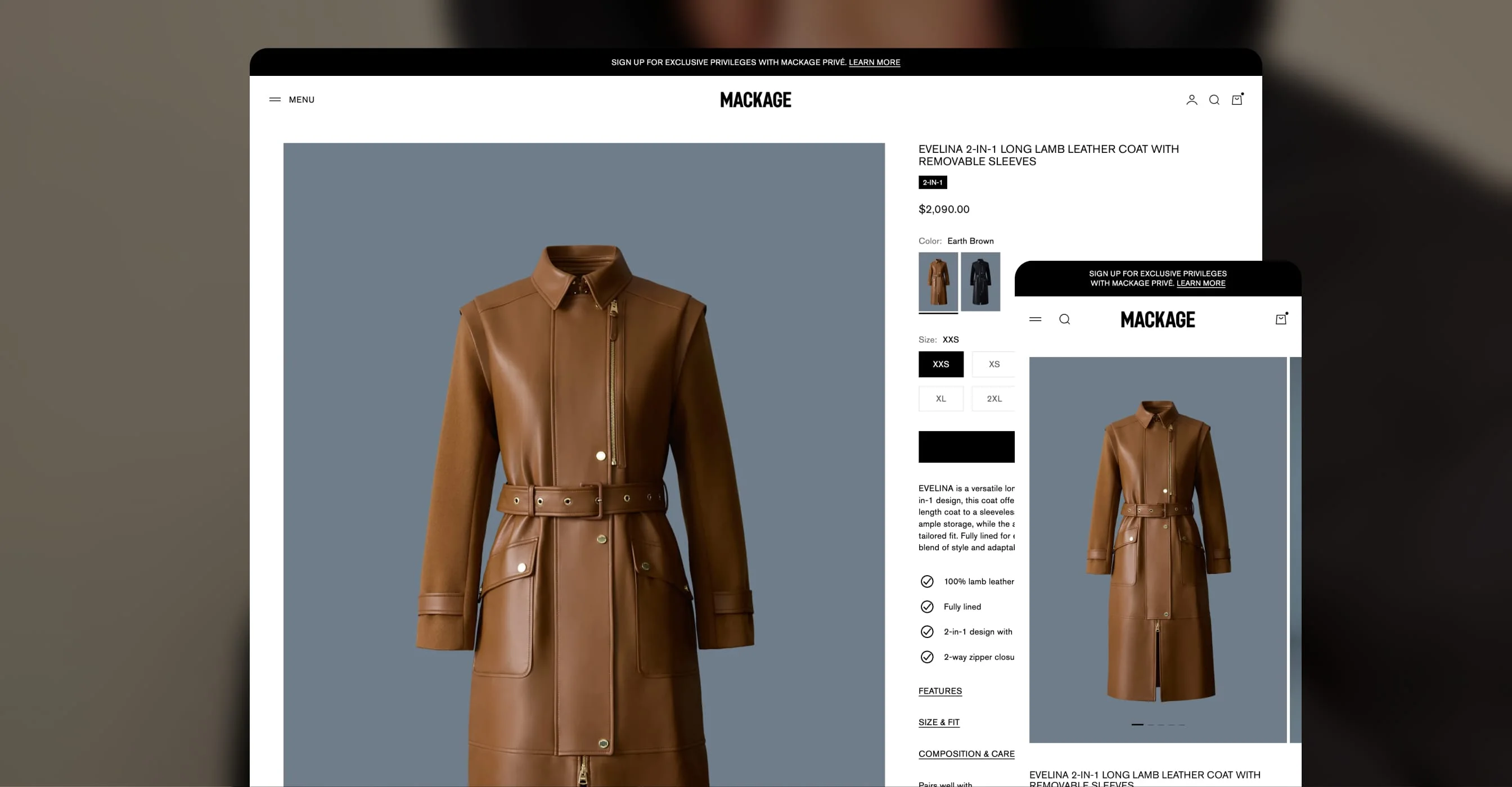 Mackage product detail page for the Evelina lamb leather coat shown on desktop and mobile with colour and size options.