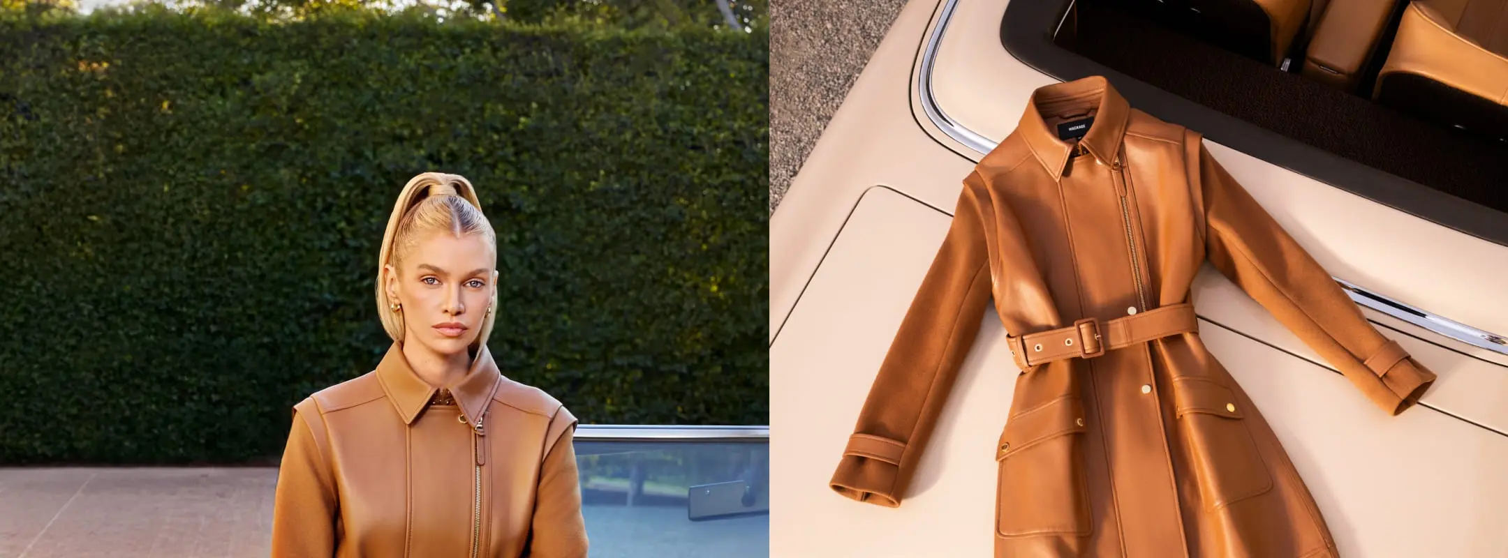 Model in a tan Mackage leather coat beside a hedge, next to a flat-lay of the same belted coat on a vintage car.