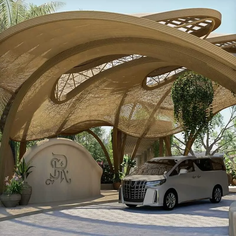 Rendering of The St. Regis Papagayo Resort entrance with a sculptural woven canopy, the St. Regis monogram wall, and a luxury van at the porte-cochère.
