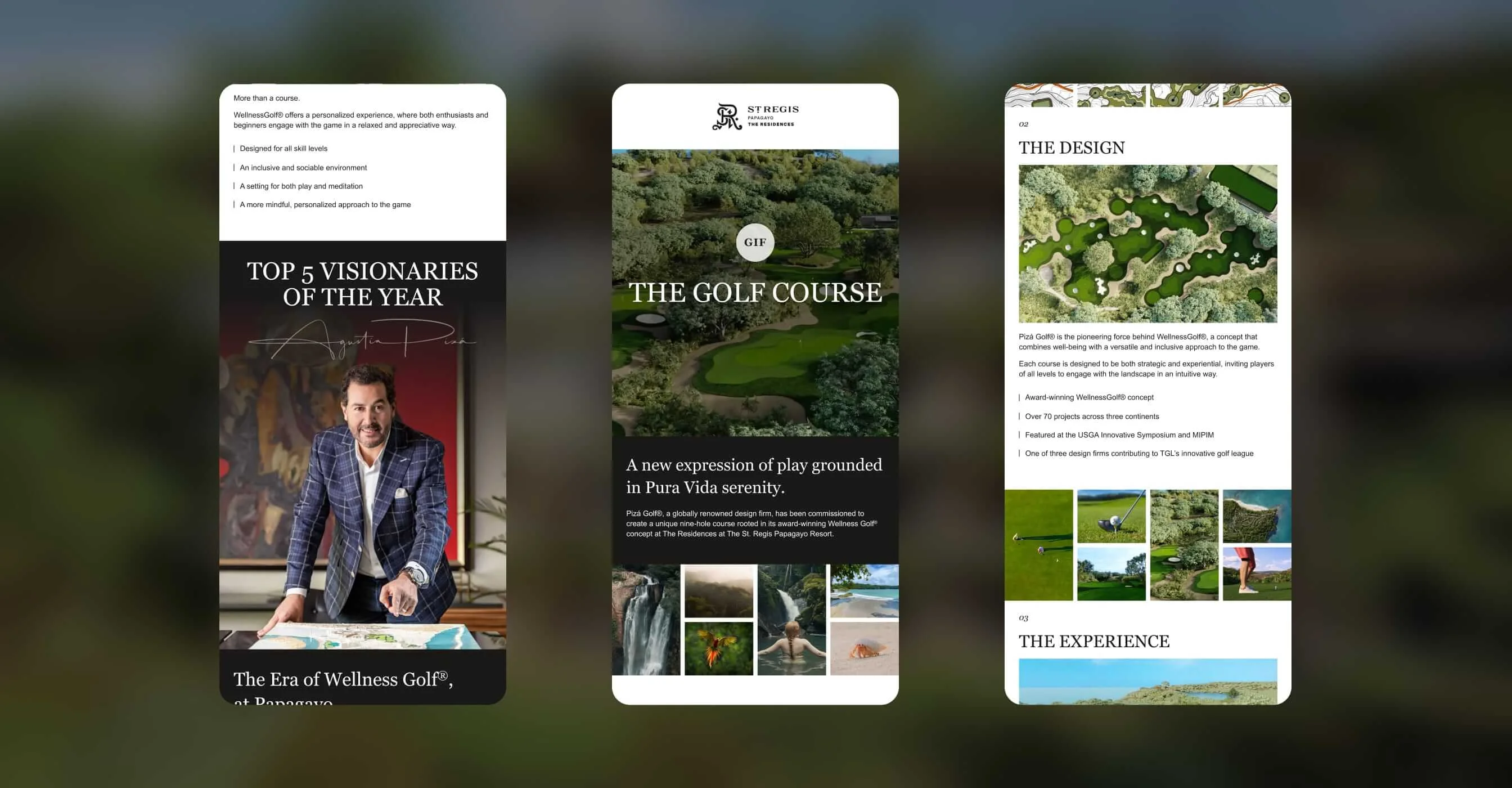 Three St. Regis Papagayo email designs featuring the Pizá Golf WellnessGolf course announcement and a Top 5 Visionaries of the Year feature.