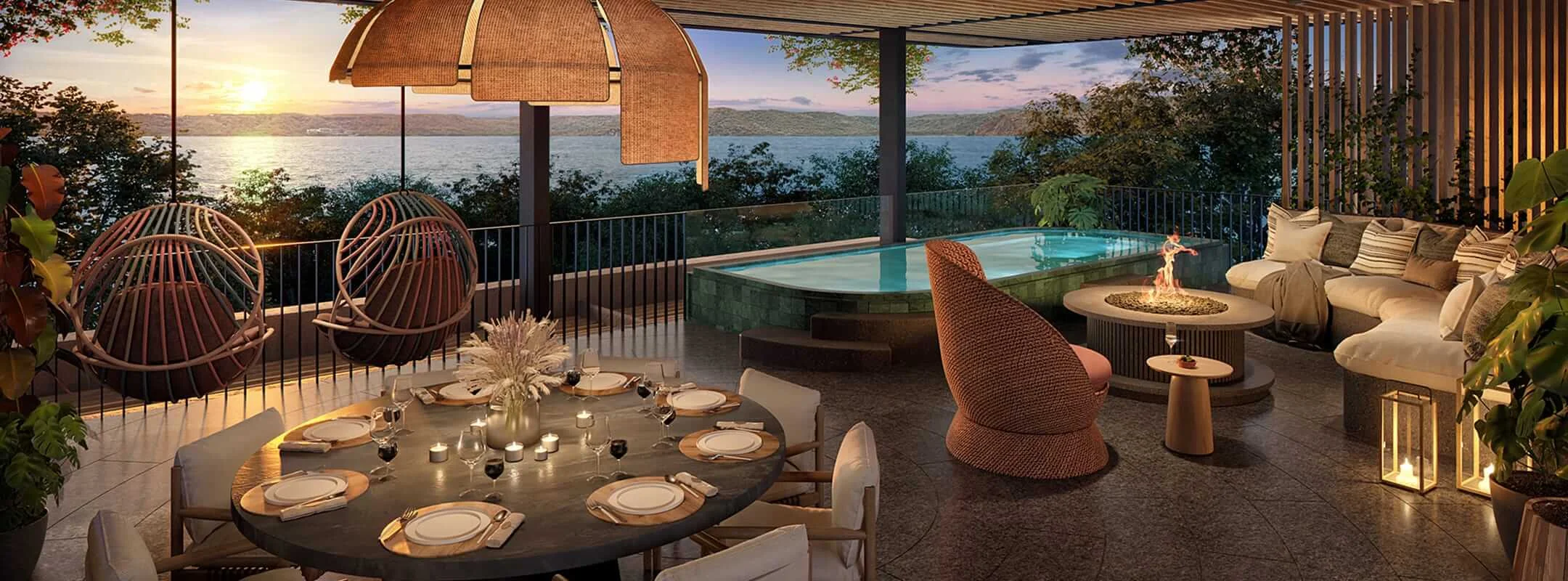 Rendering of a St. Regis Papagayo residence terrace at sunset with a plunge pool, fire table, and candlelit dining table overlooking the Gulf of Papagayo.