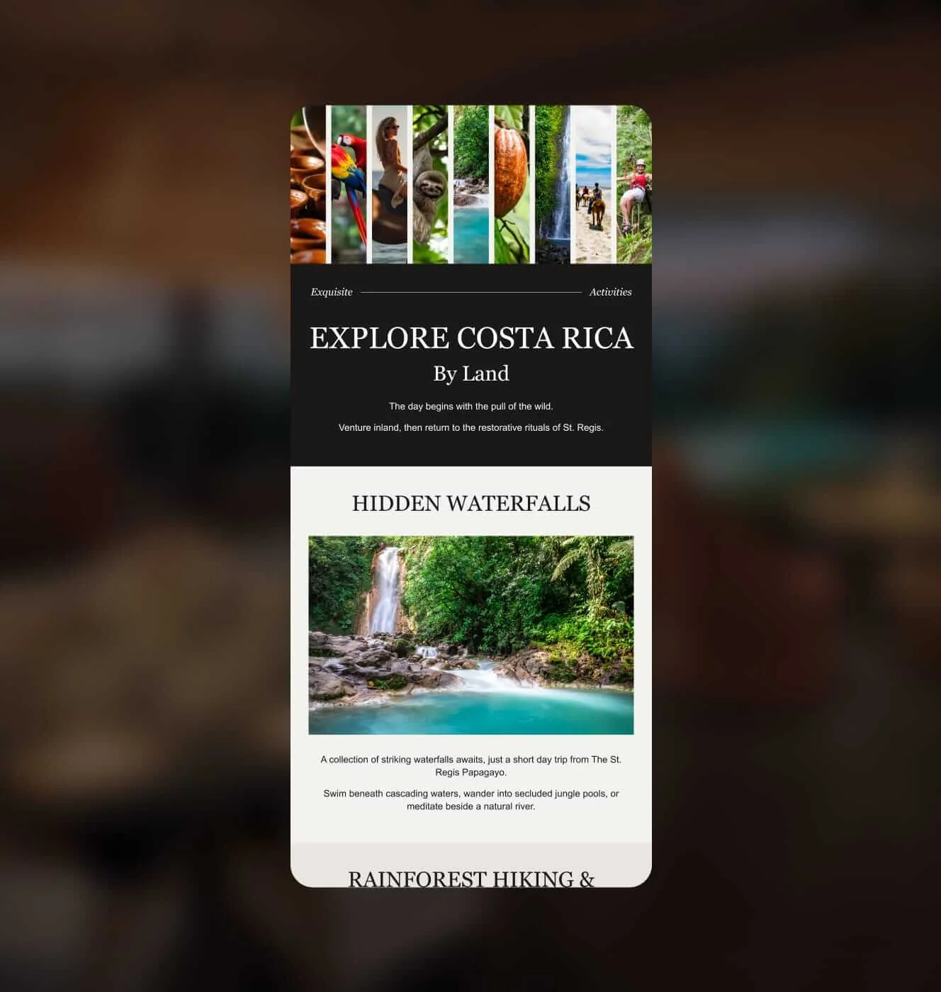 St. Regis Papagayo mobile email design titled Explore Costa Rica By Land, featuring hidden waterfalls and rainforest excursions.