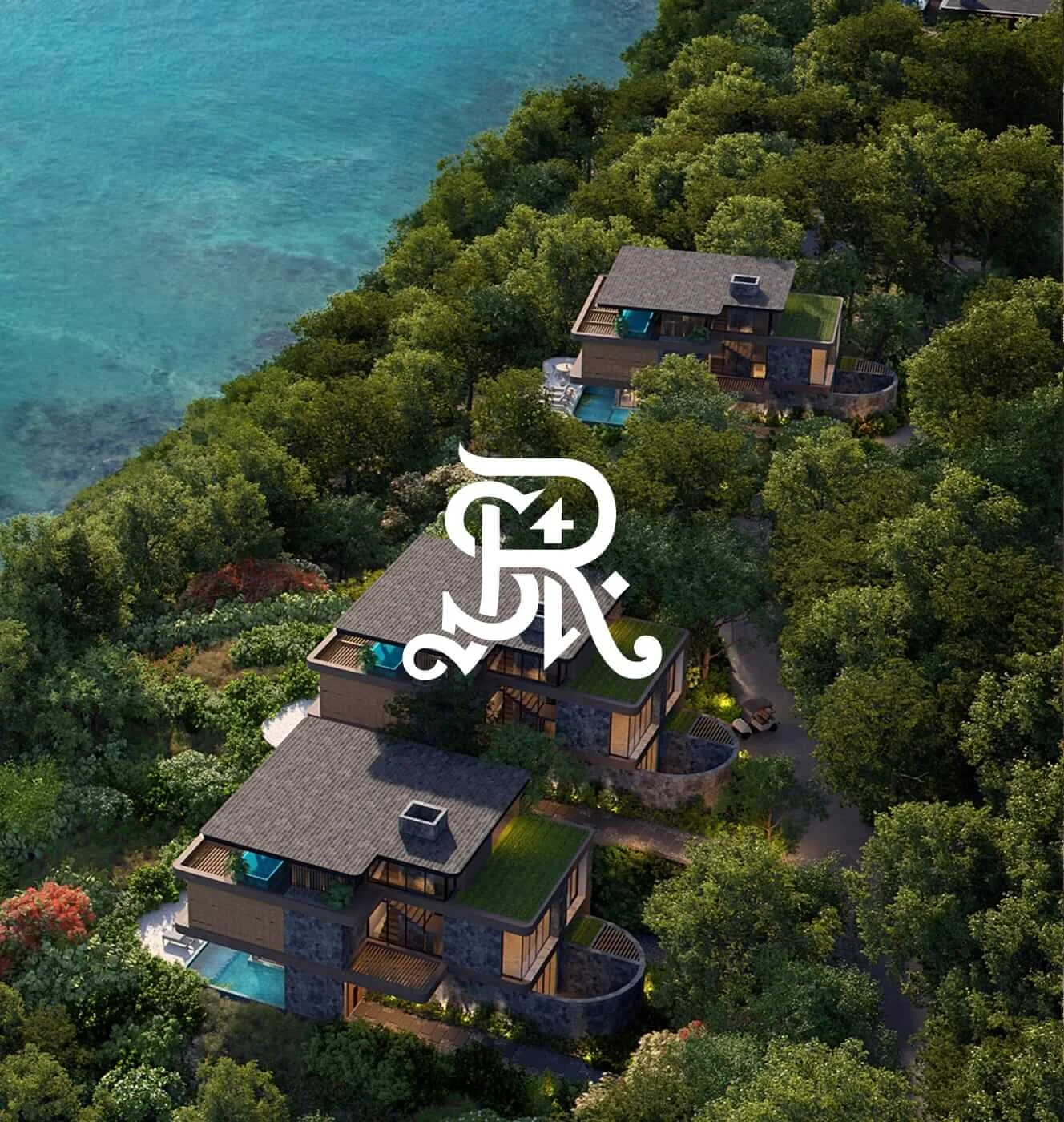 Aerial rendering of hillside St. Regis Papagayo residences with plunge pools above turquoise water, overlaid with the St. Regis monogram.