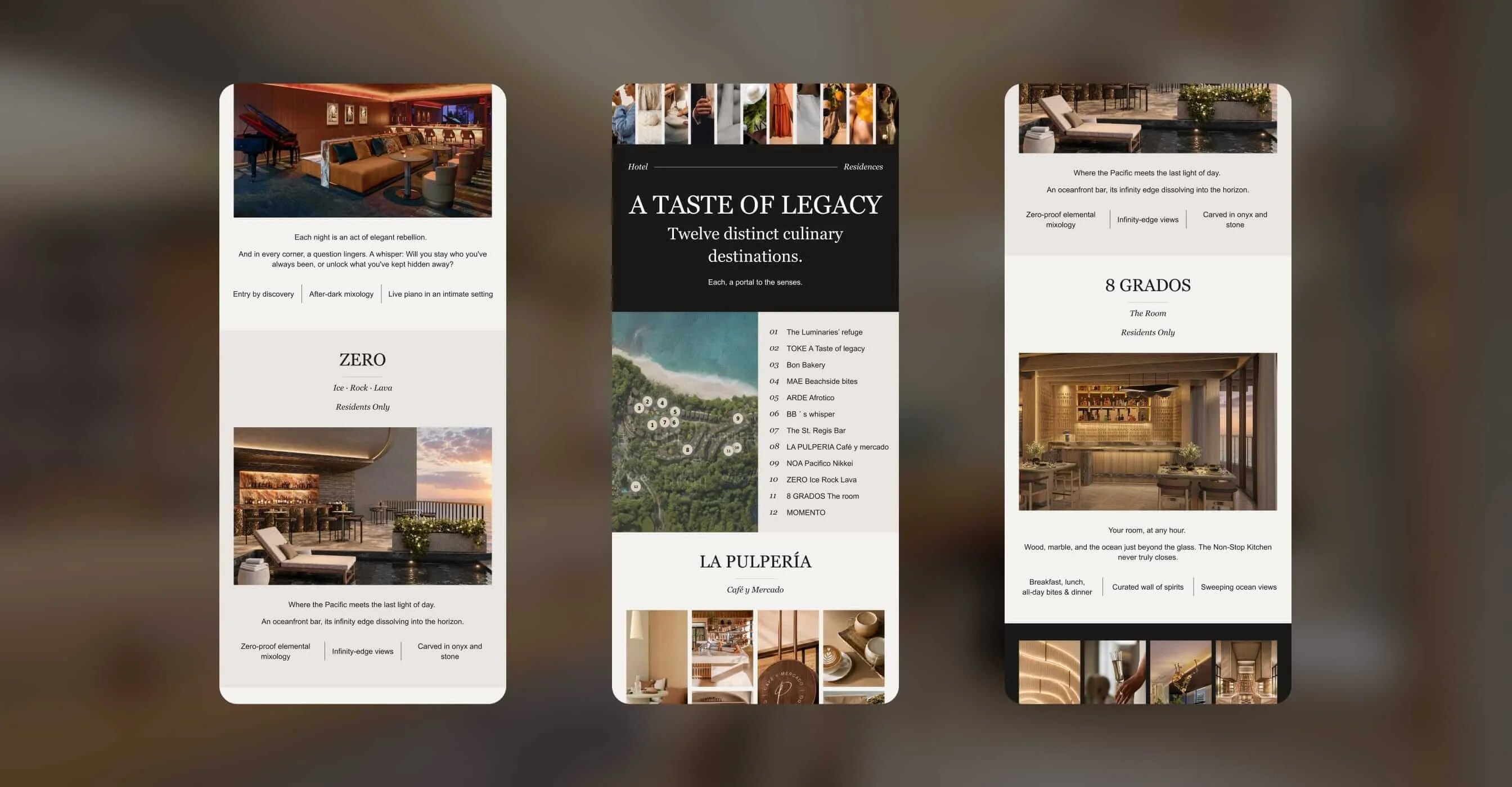 Three St. Regis Papagayo email designs presenting A Taste of Legacy, twelve culinary destinations including ZERO, La Pulpería, and 8 Grados.