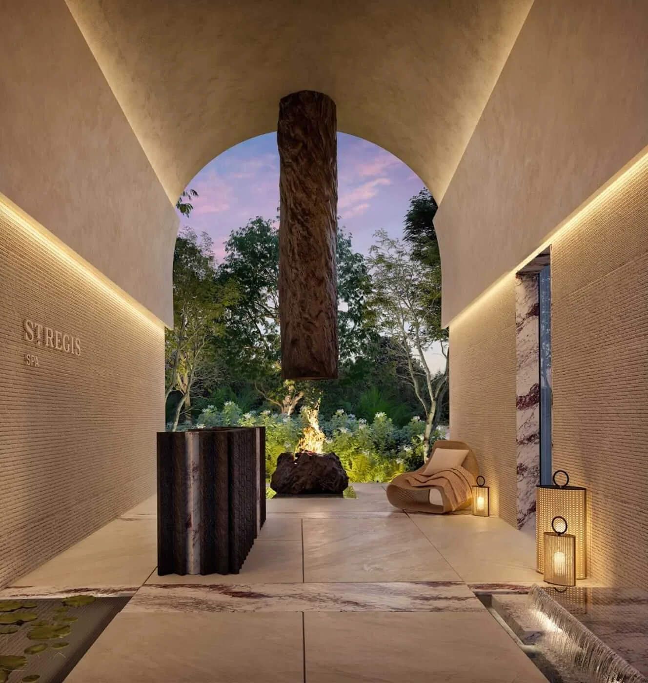 Rendering of the St. Regis Spa entrance at Papagayo with textured stone walls, a suspended sculptural column, and a fire feature at dusk.