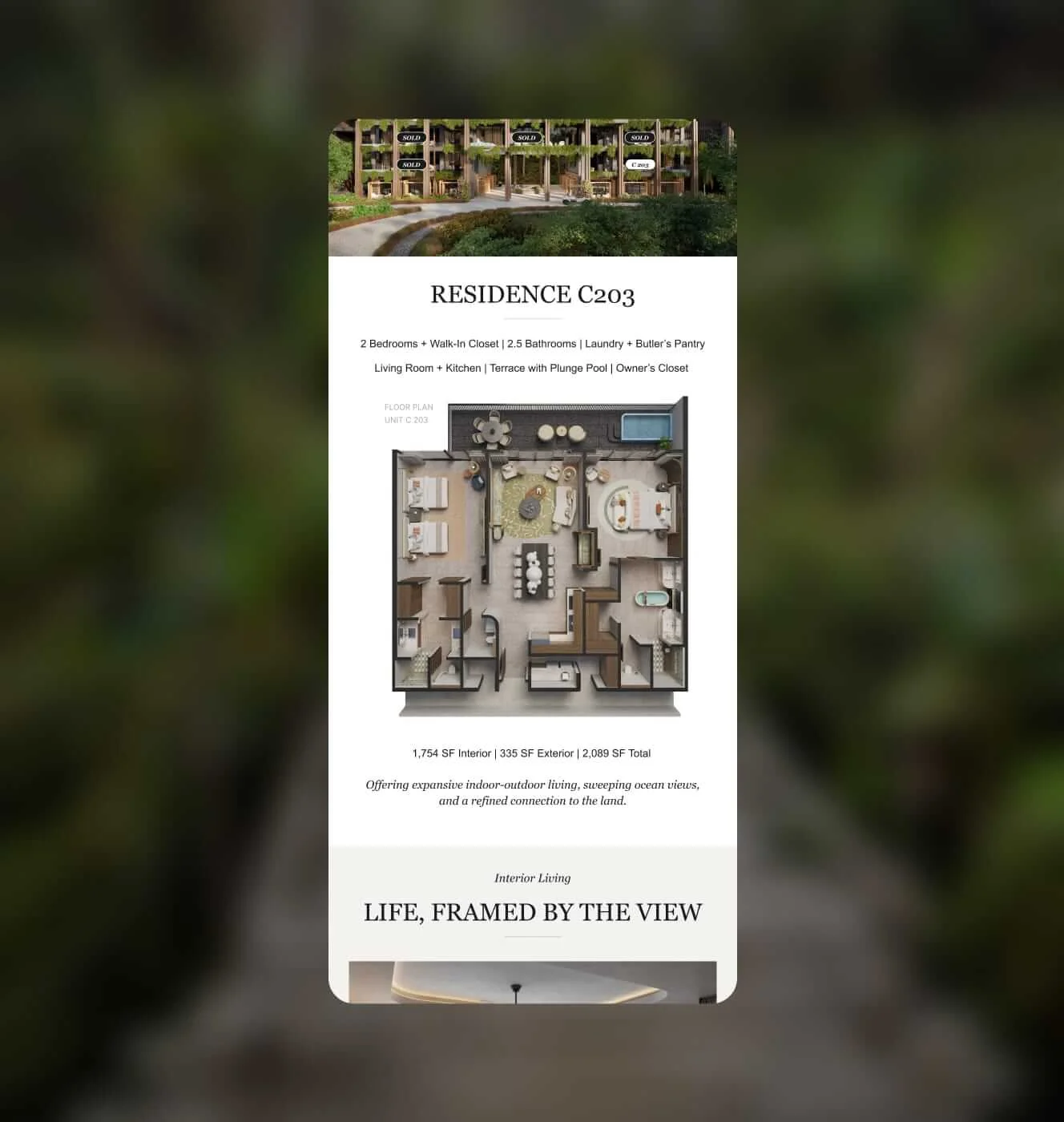 St. Regis Papagayo mobile email design for Residence C203 showing the floor plan, sold units, and interior living highlights.
