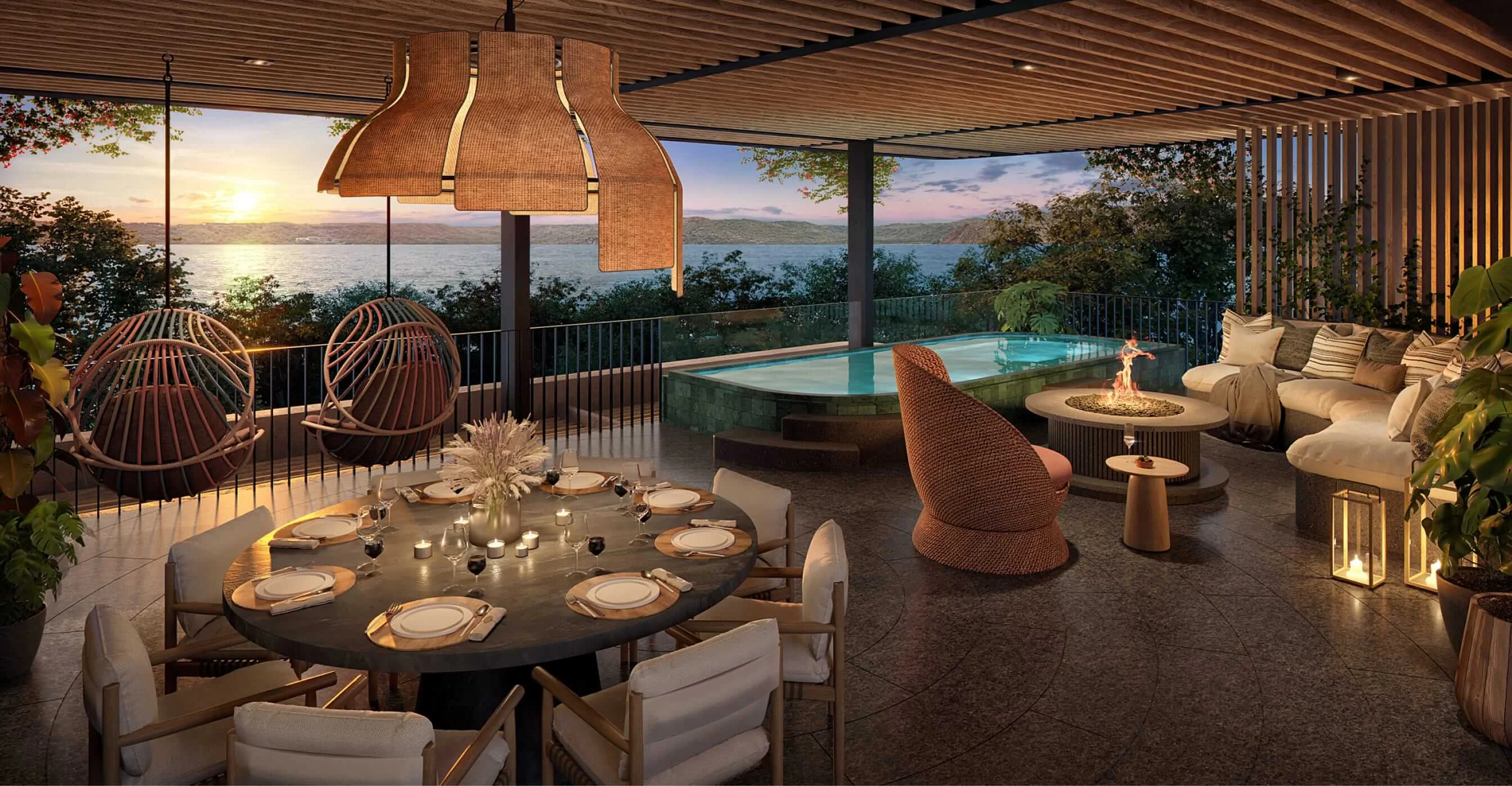 Rendering of a St. Regis Papagayo residence terrace at sunset with woven pendant lights, hanging chairs, a plunge pool, and a fire table.