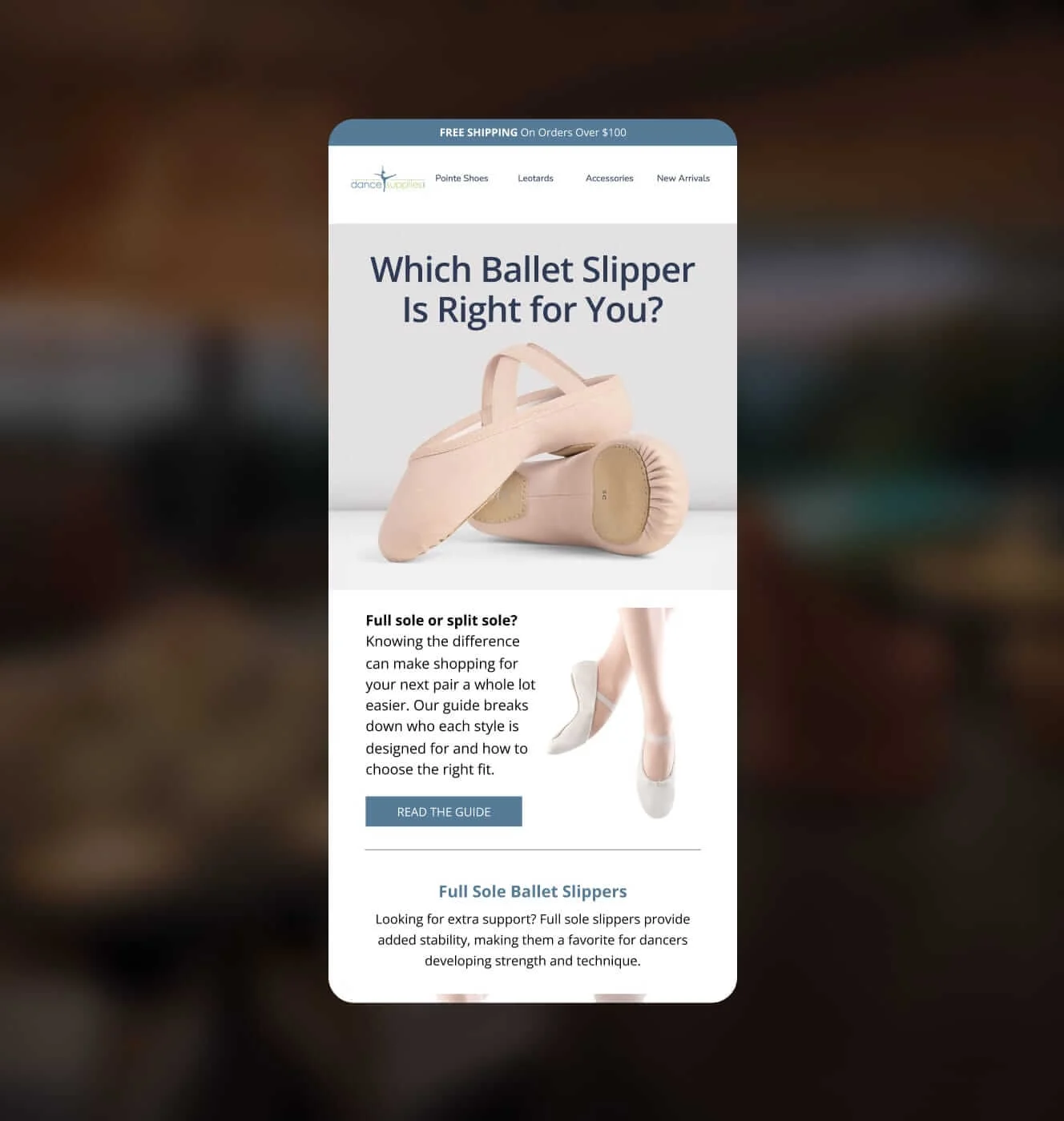 DanceSupplies mobile email titled Which Ballet Slipper Is Right for You, comparing full sole and split sole slippers.