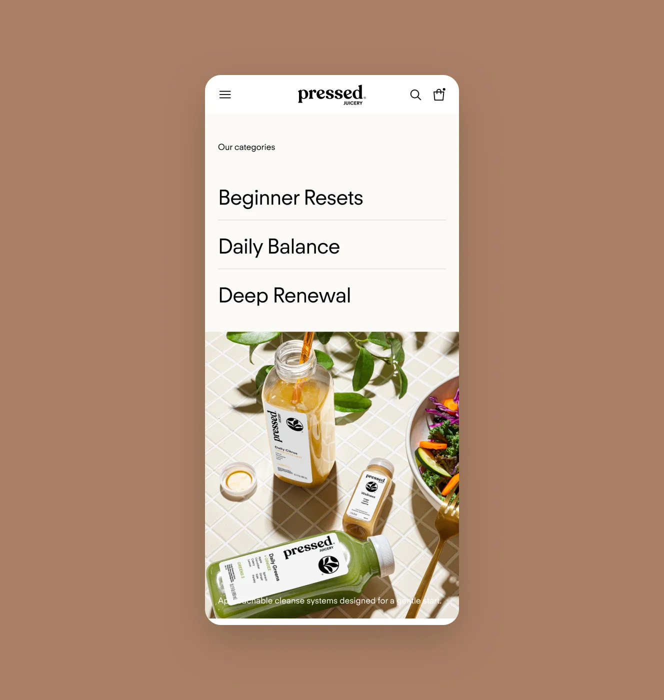 Pressed Juicery mobile category menu listing Beginner Resets, Daily Balance and Deep Renewal cleanses.