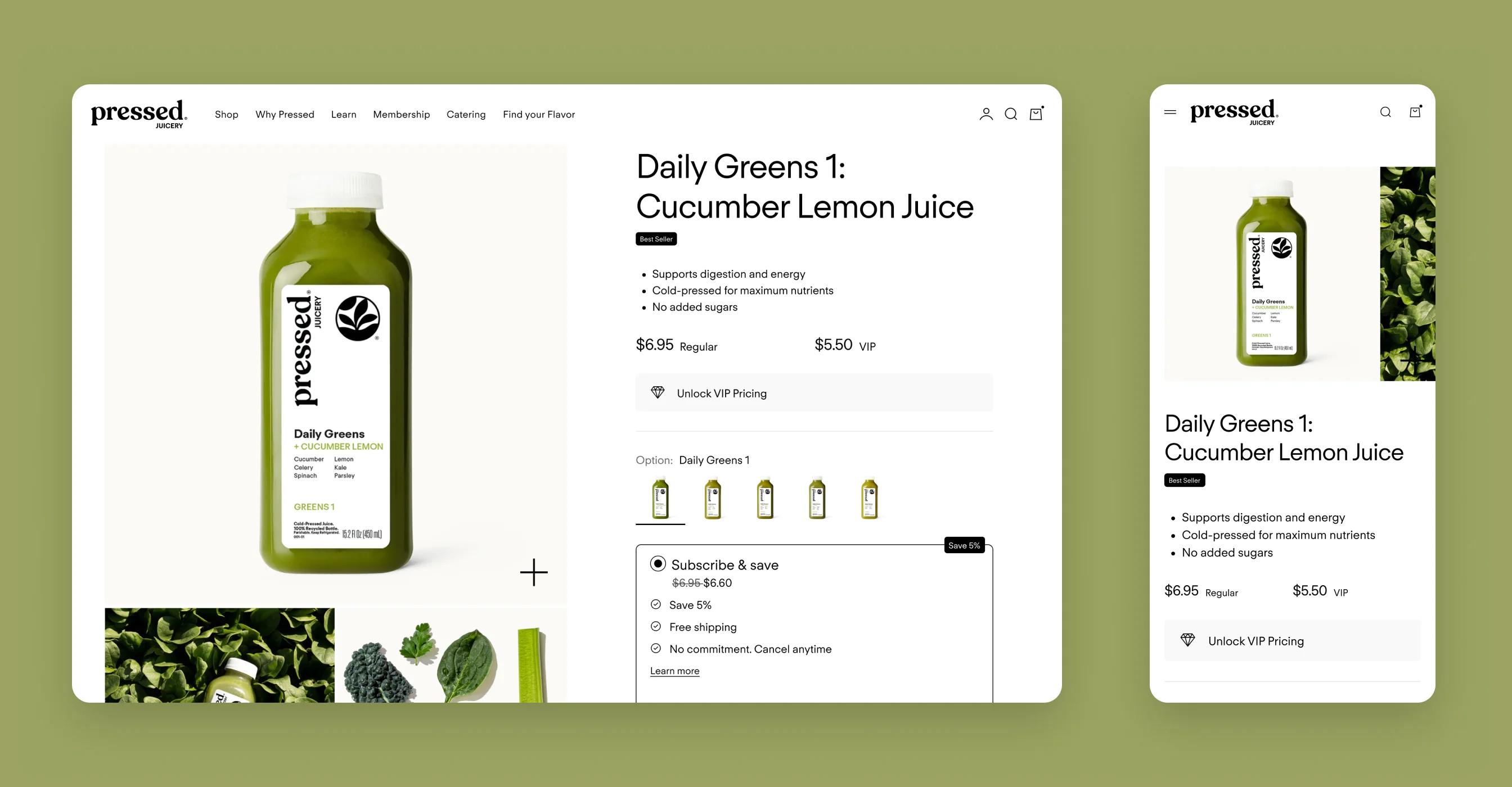 Pressed Juicery Daily Greens 1 product page on desktop and mobile with subscribe-and-save and VIP pricing options.