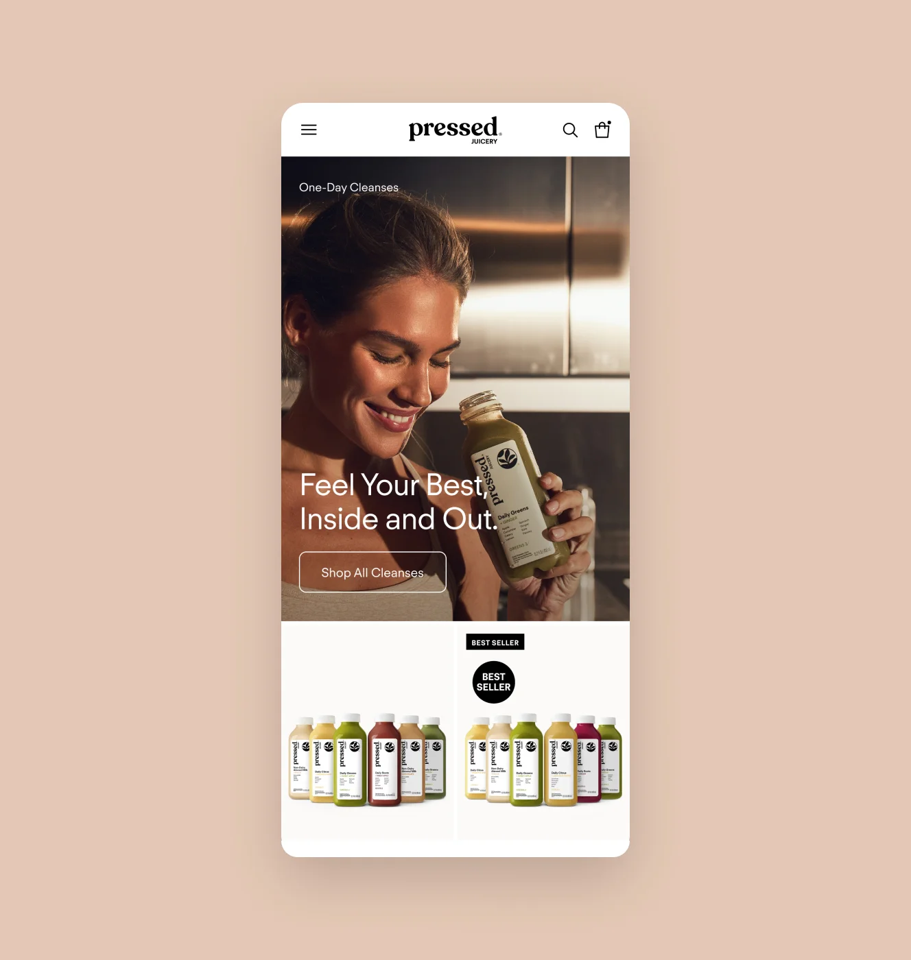 Pressed Juicery mobile one-day cleanses page with a Feel Your Best, Inside and Out hero and cleanse bottle lineup.
