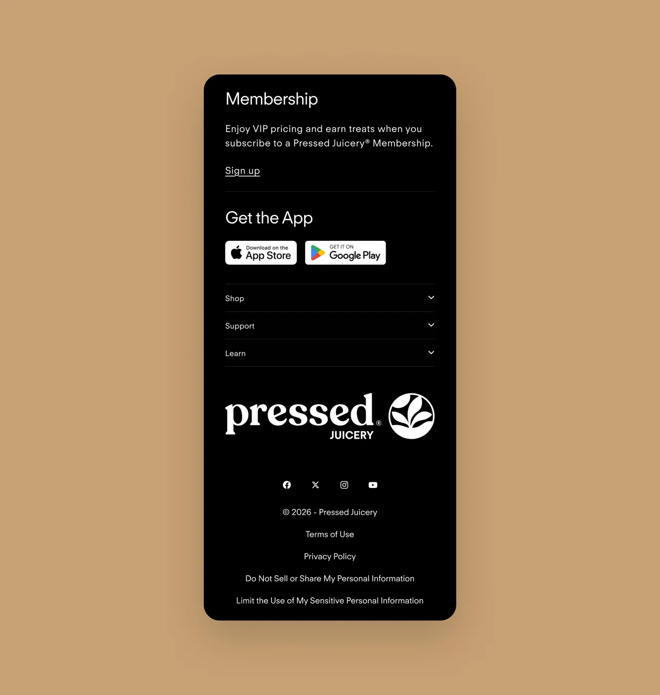 Pressed Juicery mobile footer promoting Pressed Juicery Membership and the Pressed app.