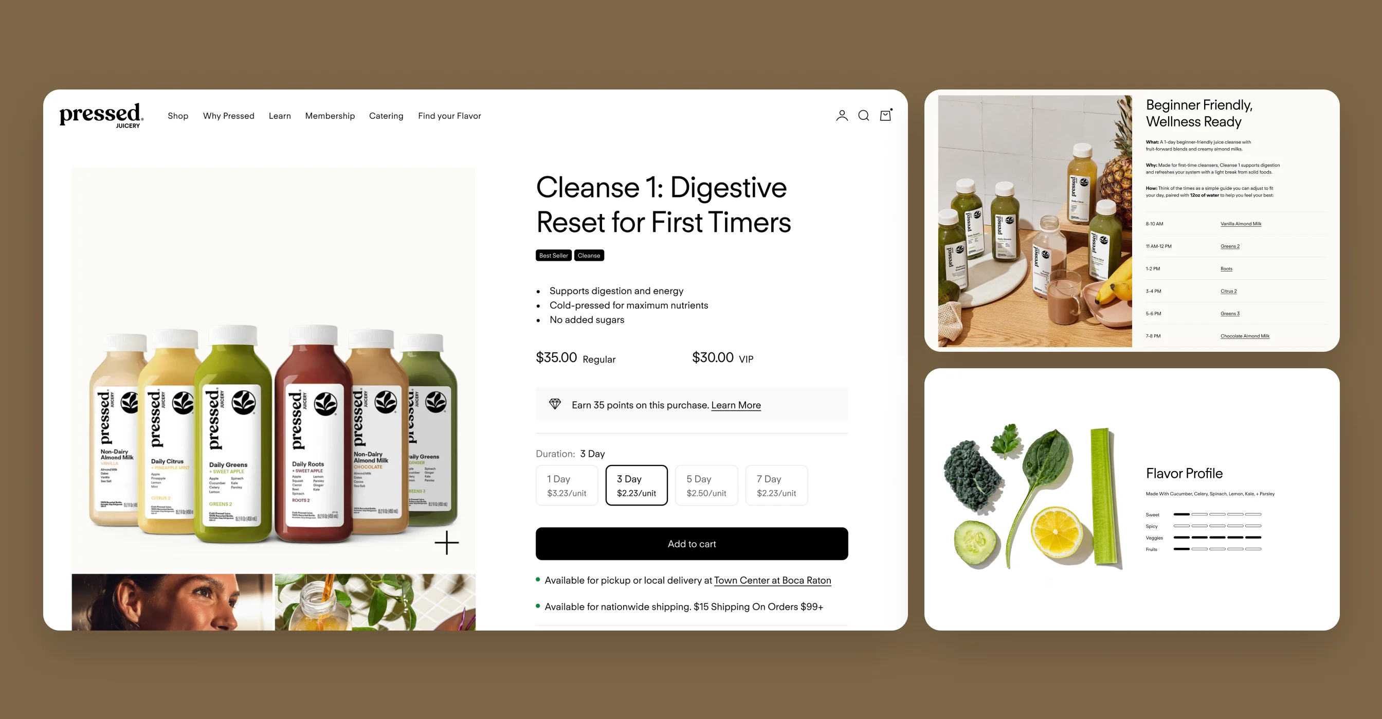 Pressed Juicery Cleanse 1 product page on desktop with a cleanse schedule and custom Flavor Profile section.