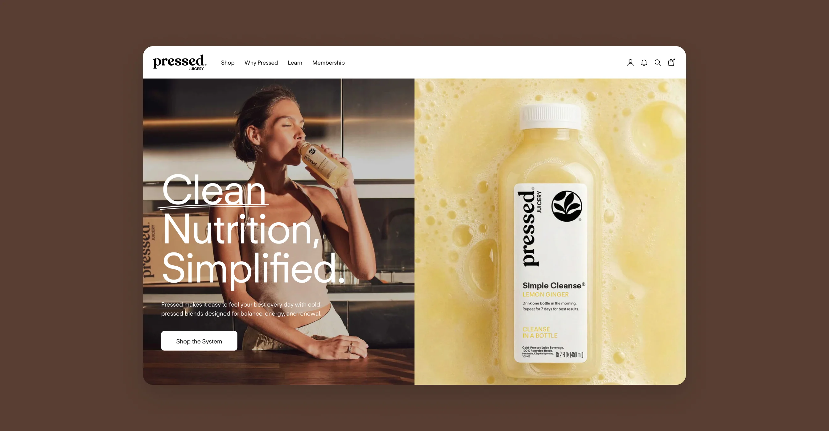 Pressed Juicery homepage on desktop with a Clean Nutrition, Simplified hero beside a Simple Cleanse bottle.