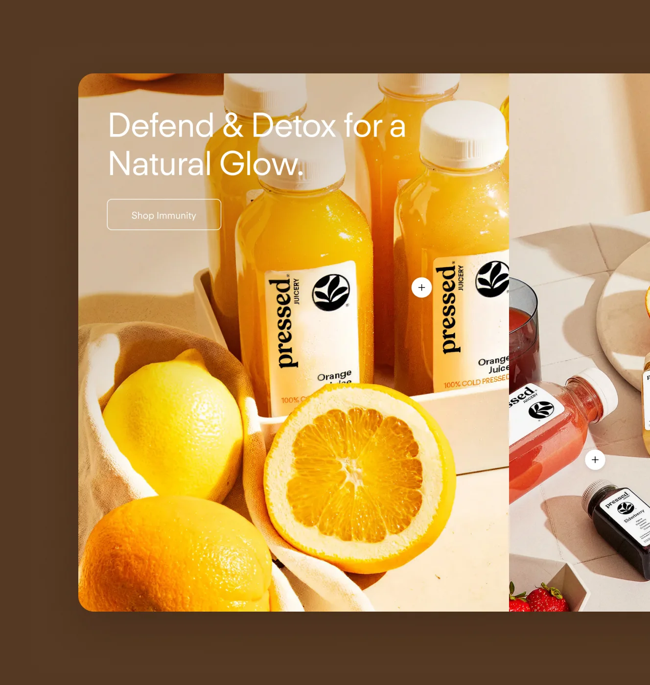 Pressed Juicery desktop Defend & Detox for a Natural Glow banner with citrus juices and product hot spots.