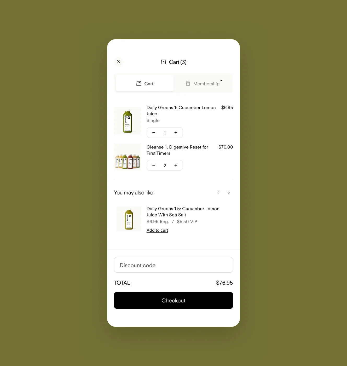 Pressed Juicery mobile cart drawer with Cart and Membership tabs, line items and You May Also Like recommendations.