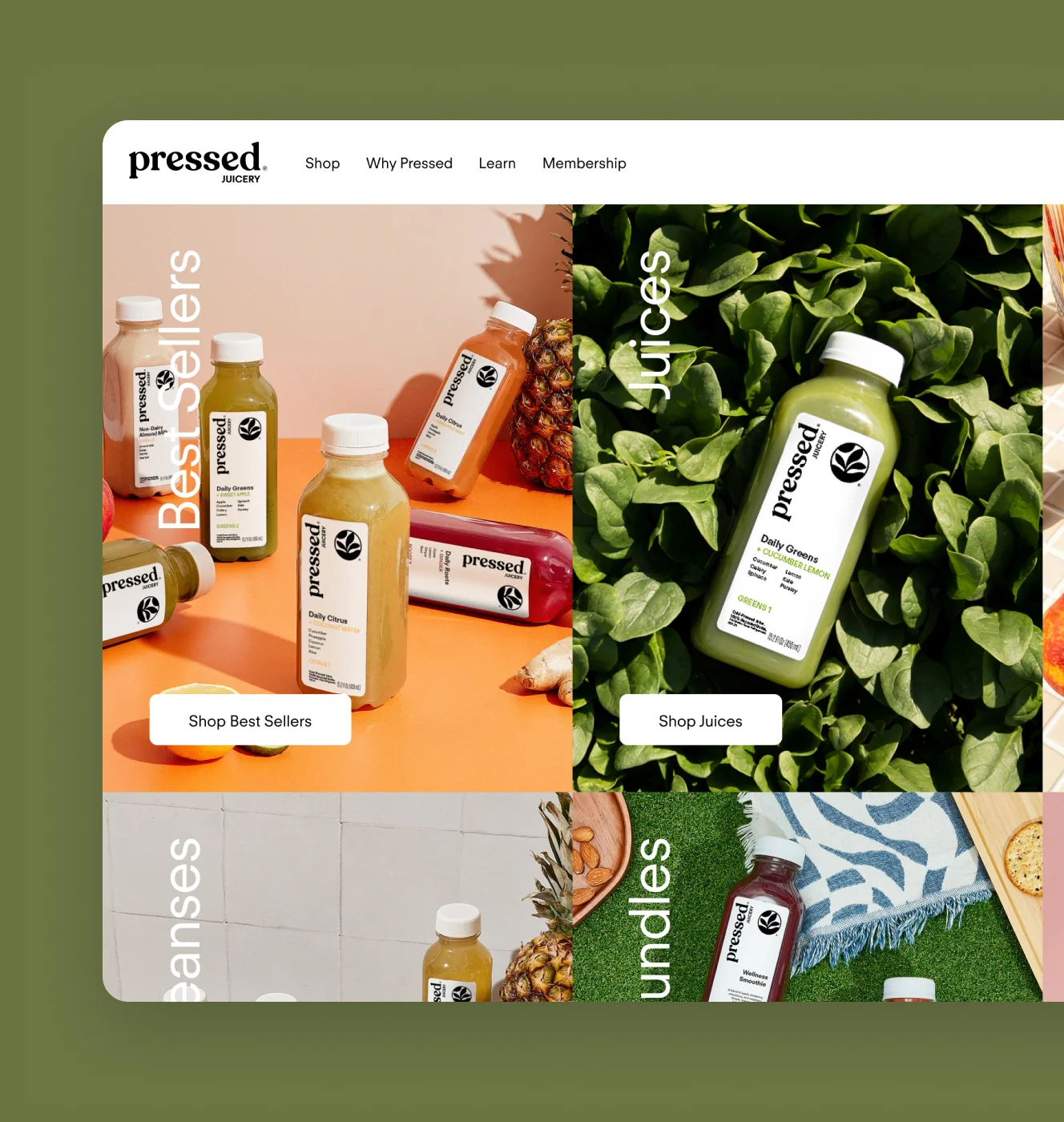 Pressed Juicery desktop shop-by-category tiles for Best Sellers, Juices, Cleanses and Bundles.