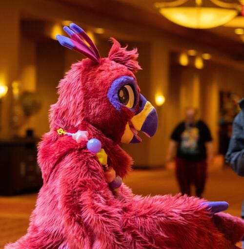 A bird fursuiter smiling