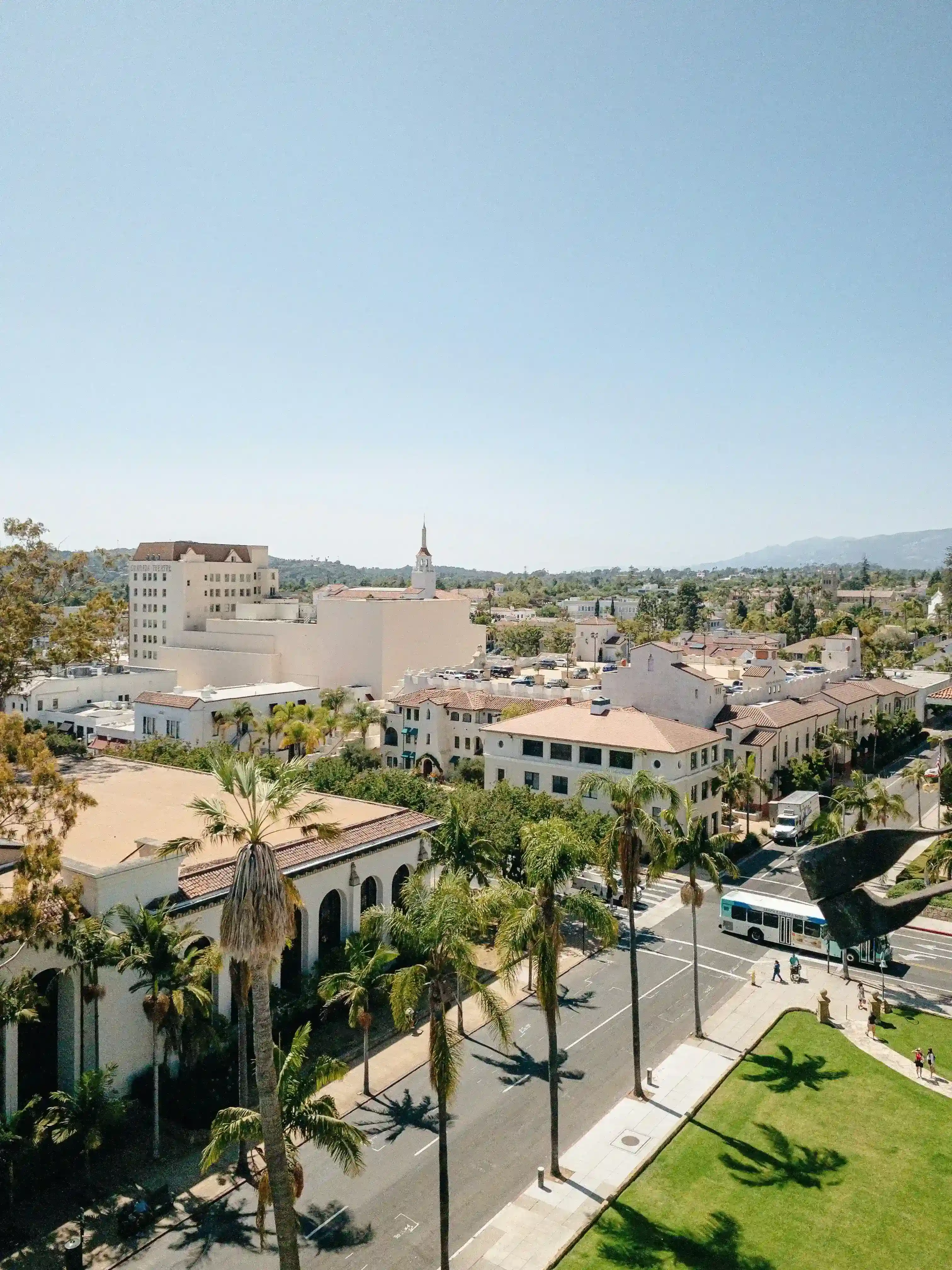 Aerial view of a sunny cityscape with palm trees lining the streets and Spanish-style buildings under a clear blue sky.