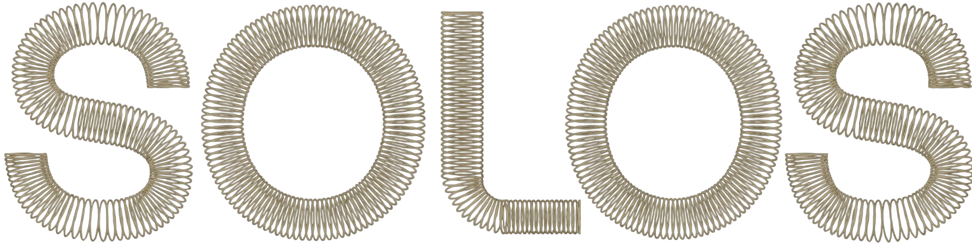 The word 'SOLOS' spelled out with a continuous tan coil spring on a black background.