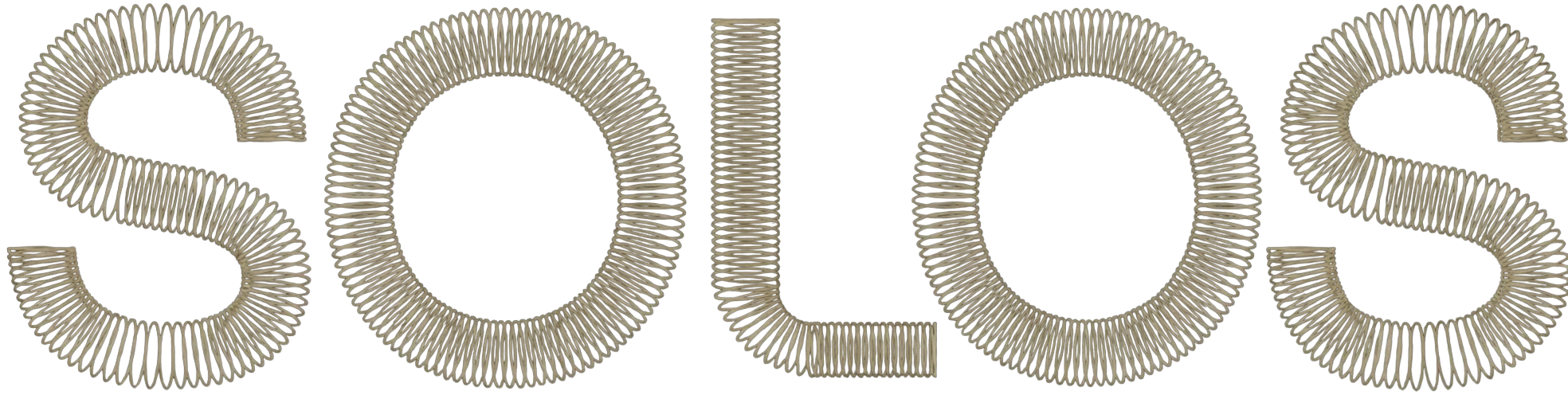 The word 'SOLOS' spelled out with a continuous tan coil spring on a black background.