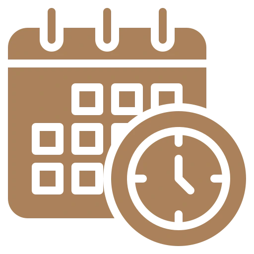 Brown calendar icon with a clock indicating time.