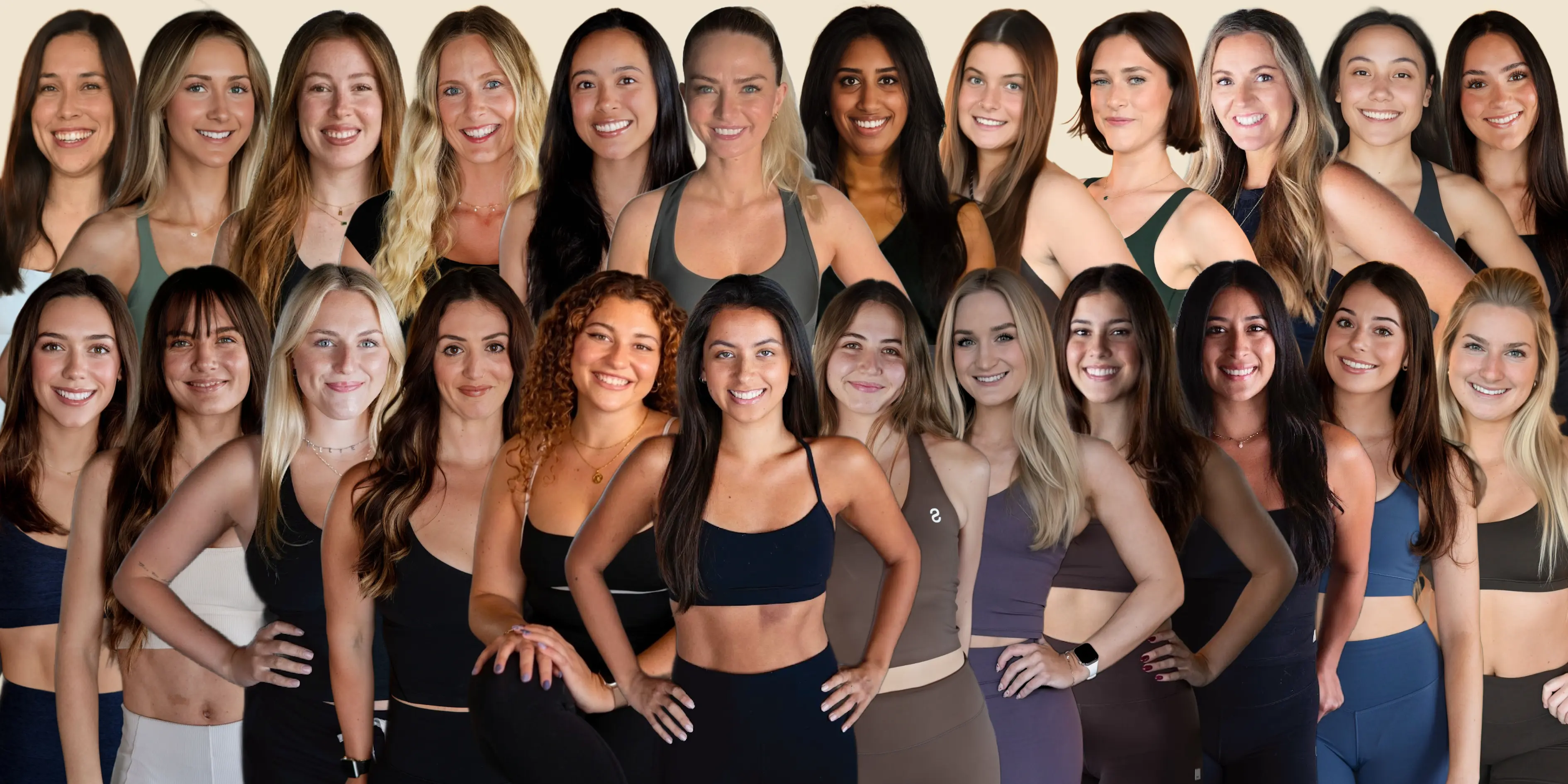 Group of 22 diverse young women smiling and posing in athletic wear against a plain light background.