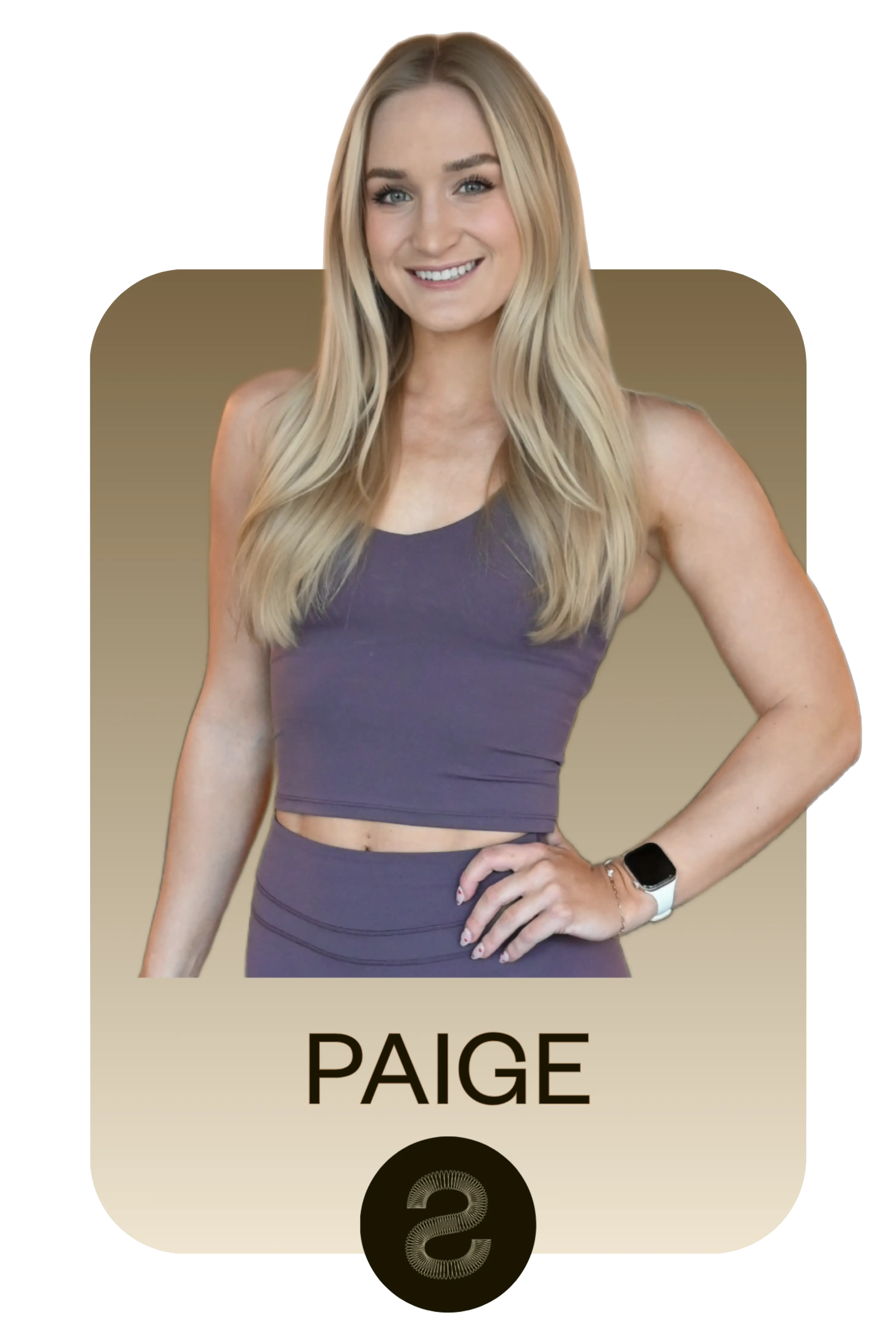 Smiling woman with long blonde hair wearing a purple sports bra and matching leggings, with an Apple Watch on her wrist, on a gradient brown background with the name PAIGE below.